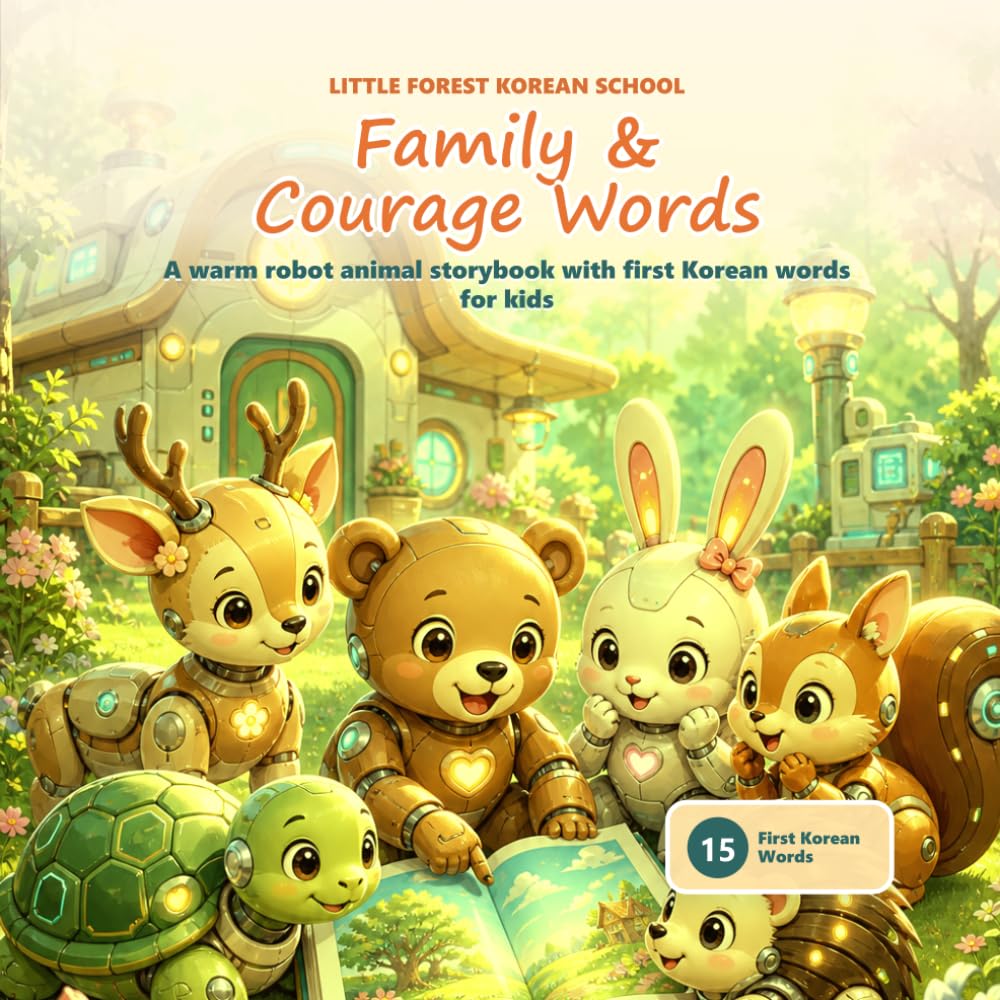 Little Forest Korean School: Family & Courage Words: A Warm Robot Animal Storybook with First Korean Words for Kids