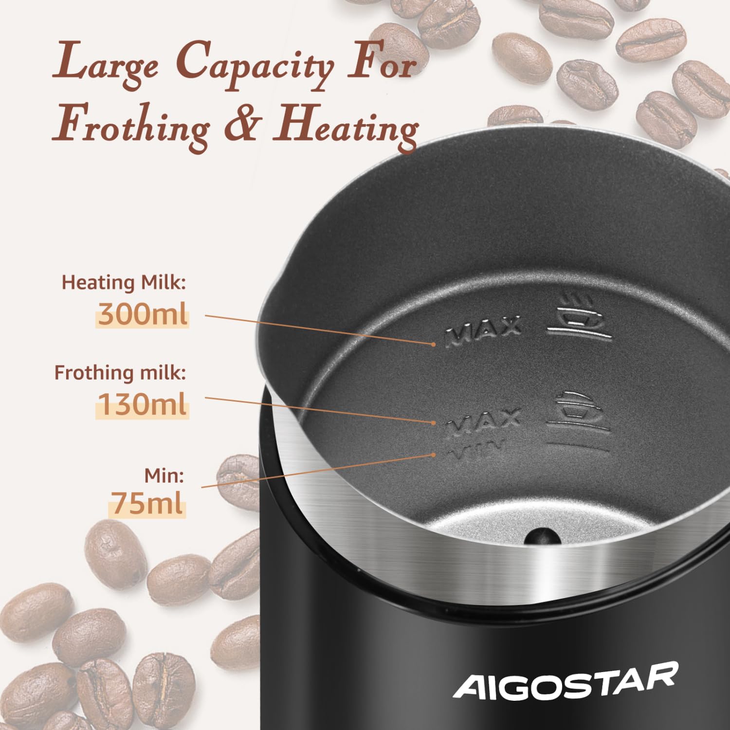 Aigostar Milky - Mousseur à lait électrique 4 en 1 Automatique, Mousseur a Lait 500W 300ml, Contrôle Intelligente de Température Mousseur de Lait Chaud et Froid pour Macchiato Chocolat Cappuccino