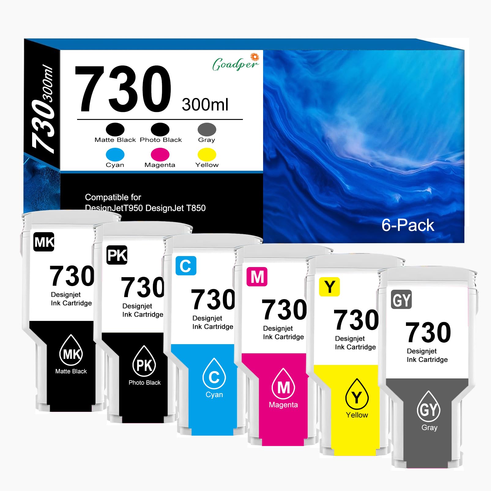 730 Tintenpatronen für HP 730 Tinte P2V68A P2V69A P2V72A P2V73AP2V70A P2V71A kompatibel für HP DesignJet T1700 T2600 T1600 （300ML-MBK,PBK,C,M,Y,GY）