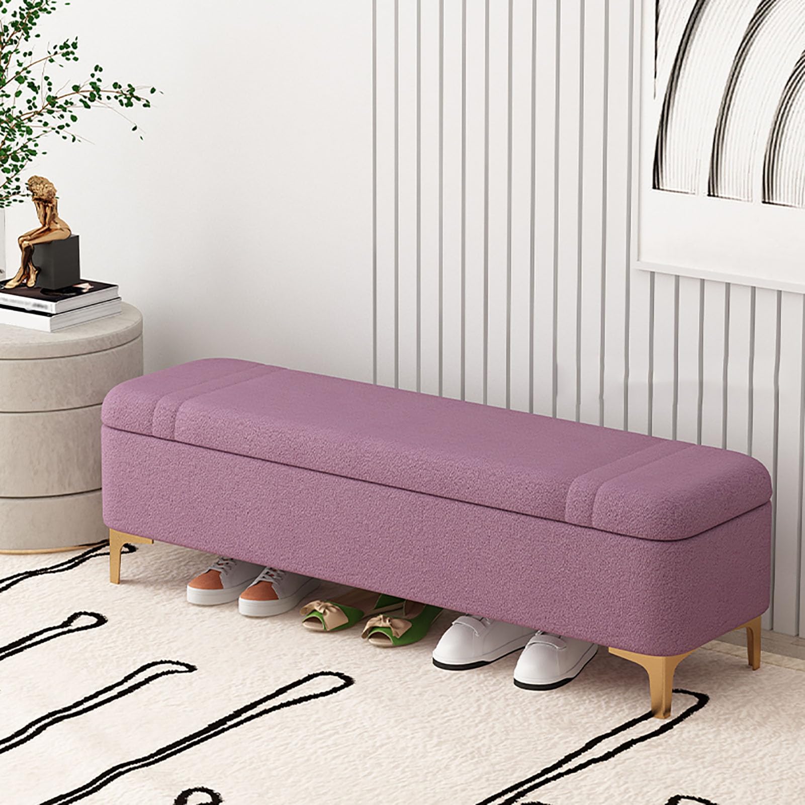 Banc Ottoman de Rangement Moderne Sherpa Violet Repose-Pieds Salon Chambre