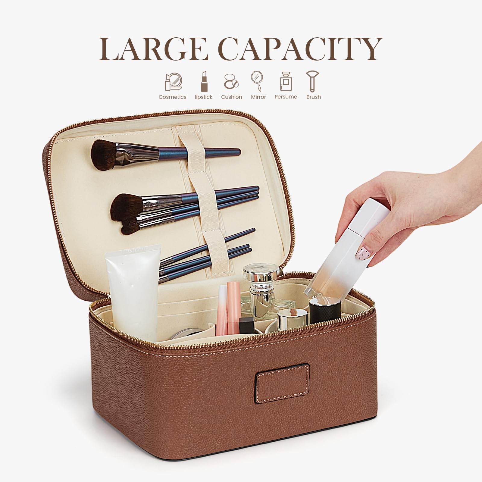 Trousse de maquillage en cuir pour femme - Grande trousse de toilette de voyage étanche avec organiseur de qualité supérieure, jaune, Trousse de beauté