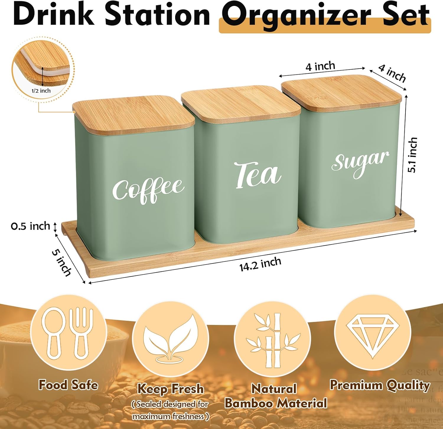 Tioncy Coffee Tea Sugar Container with Tray Set of 3 Airtight Metal Canister with Bamboo Lid Tray for Kitchen Counter Dining Room Farm House Kitchen Style Drink Station Organizer Set (Sage Green)