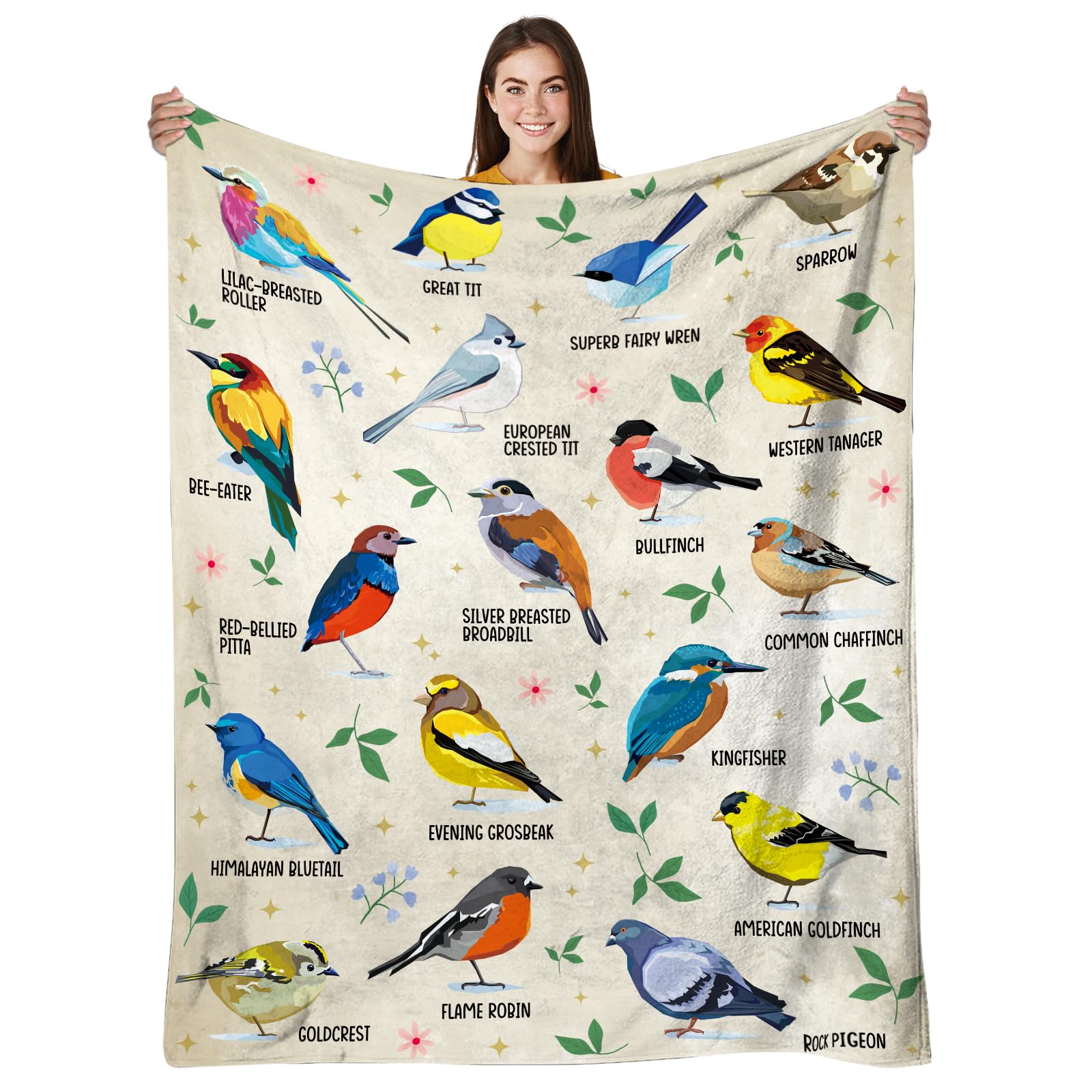 HEIFAM Bird Alphabet Blanket, Bird Gifts for Kids Men Women, Easily Distracted by Birds Print Blanket Colorful, Birthday Gift for Boys Girls, Kingfishers Rock Pigeon House Sparrow Birds, 50''x60''