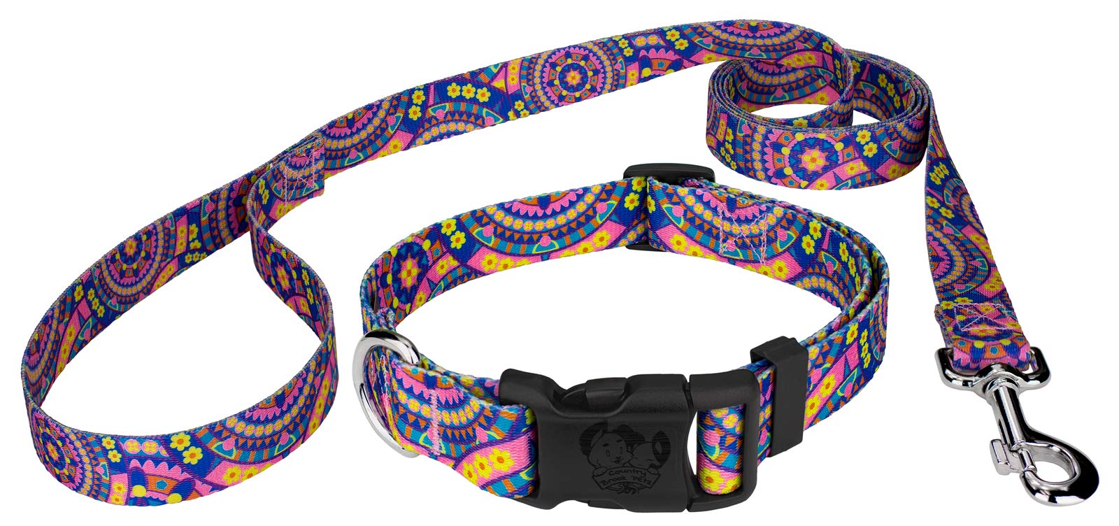 Country Brook Petz - Blue Boho Mandala Everyday Dog Collar and Leash - Groovy Collection Featuring Far Out Designs (1 Inch, Medium)