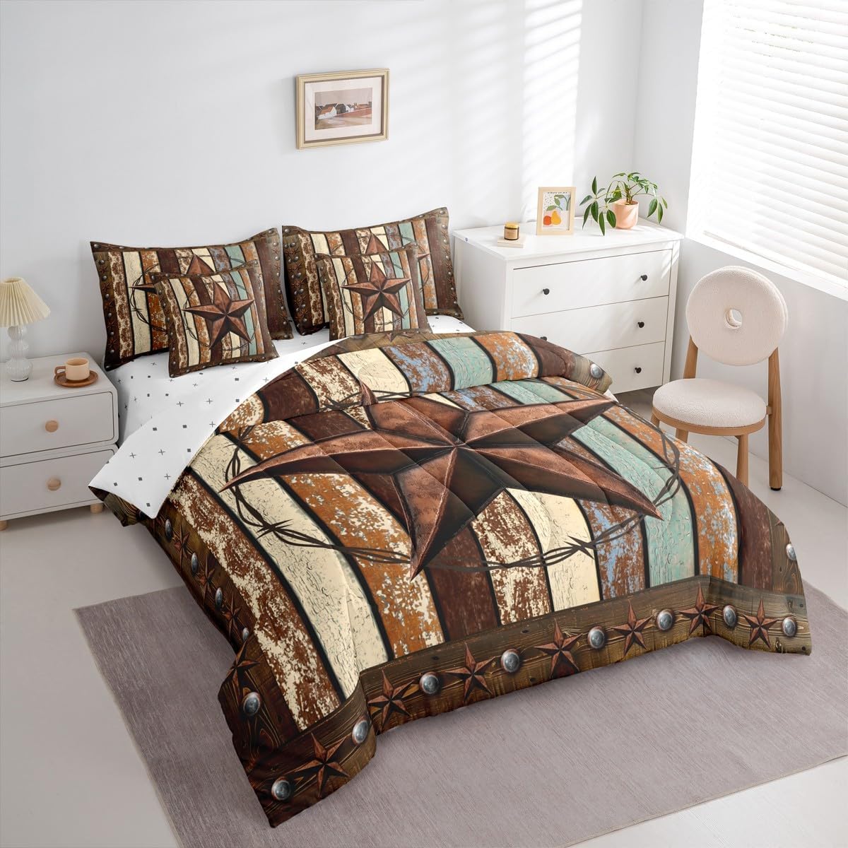 7 Pieces King Size Western Texas Star Kids Comforter Set,Vintage Wooden Plank Bedding Set,Rustic Farmhouse West Cowboy Brown Retro（Comforter+Fitted+Flat Sheet+2 Pillowcases+2 Throw Pillow Covers）