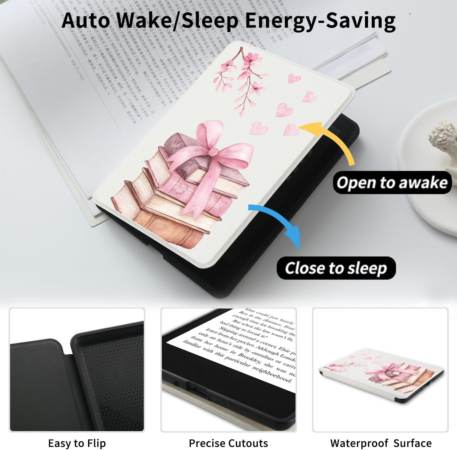 Pink Bow Book Pattern Case for Kindle Paperwhite 12th Generation 7" 2024 Release with Hand Strap Premium PU Textured Leather Protective Cute Folio Cover for KPW6