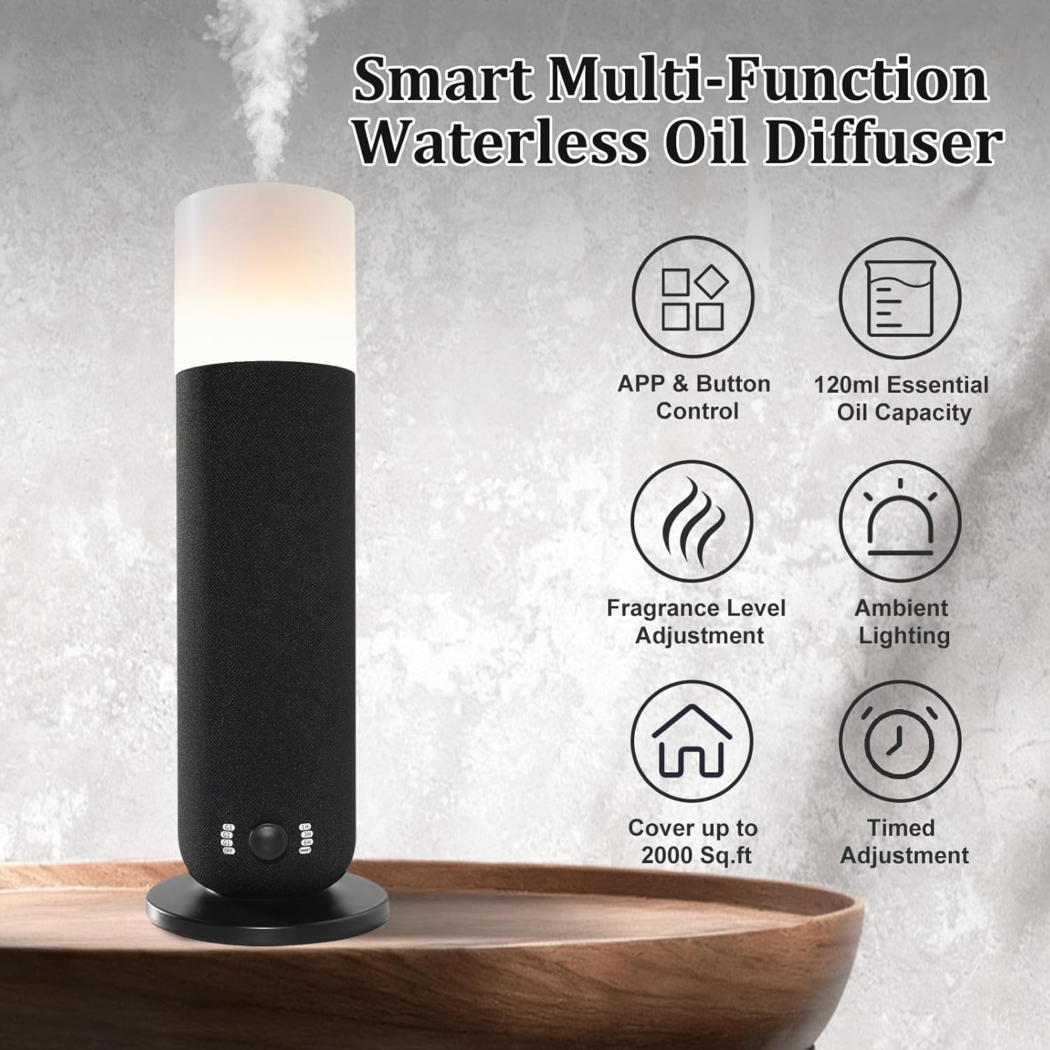 Smart Waterless Essential Oil Diffuser,Scent Diffuser for Home,Hotel Collection Diffuser APP Control,Ambient Lighting,Covers Up to 2000 Sq.Ft Aromatherapy Diffuser for Bedroom Spa Yoga Office Black