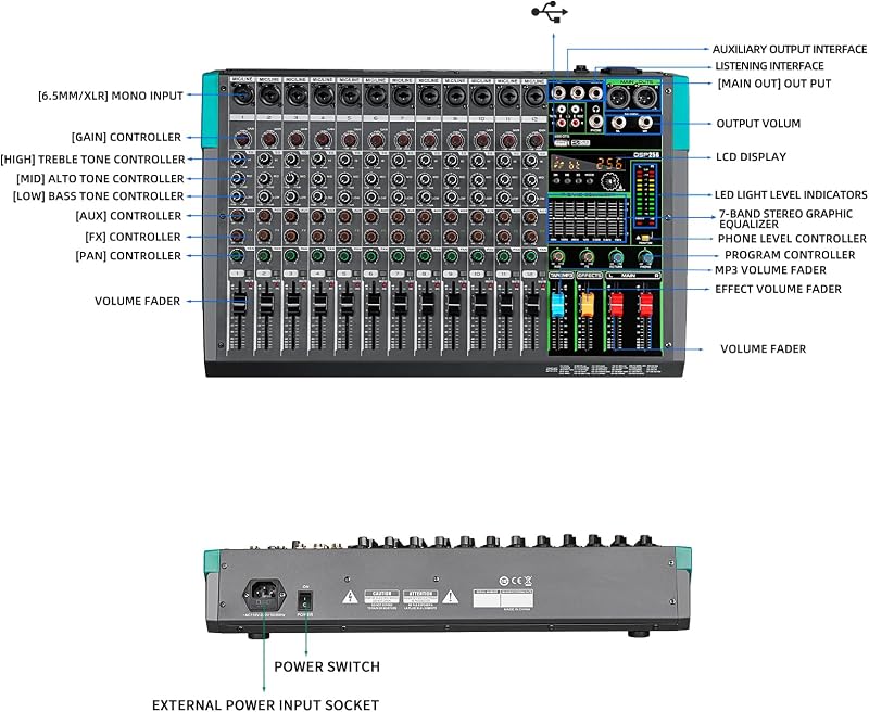 Depusheng PA12 12 csatornás DJ keverő 256 DSP effekt Bluetooth USB 48V fantom tápellátás