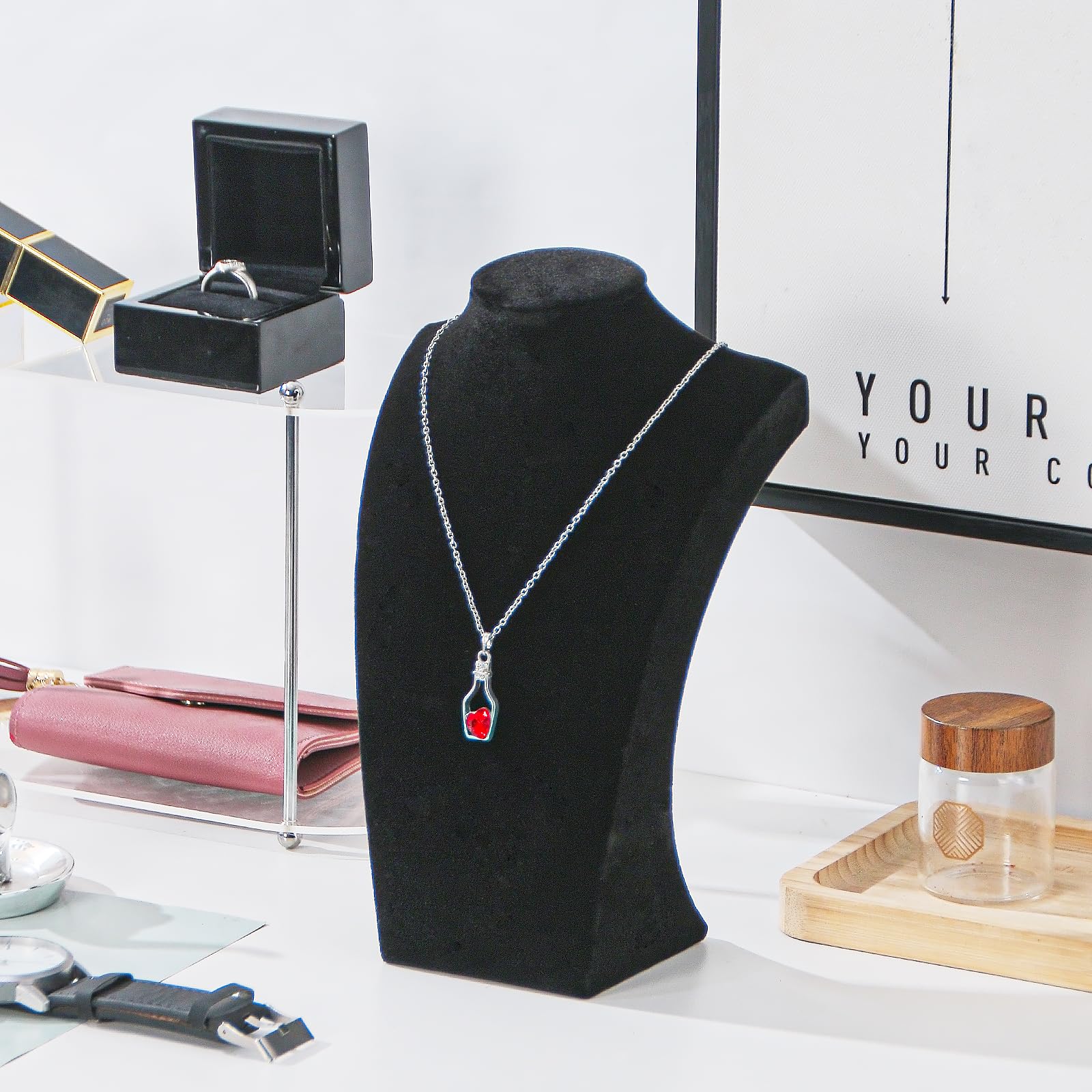 Necklace Bust Display Stand, Black Velvet Necklace Display Holder, Jewelry Necklace Organizer Rack for Home Use or Shop Show (9