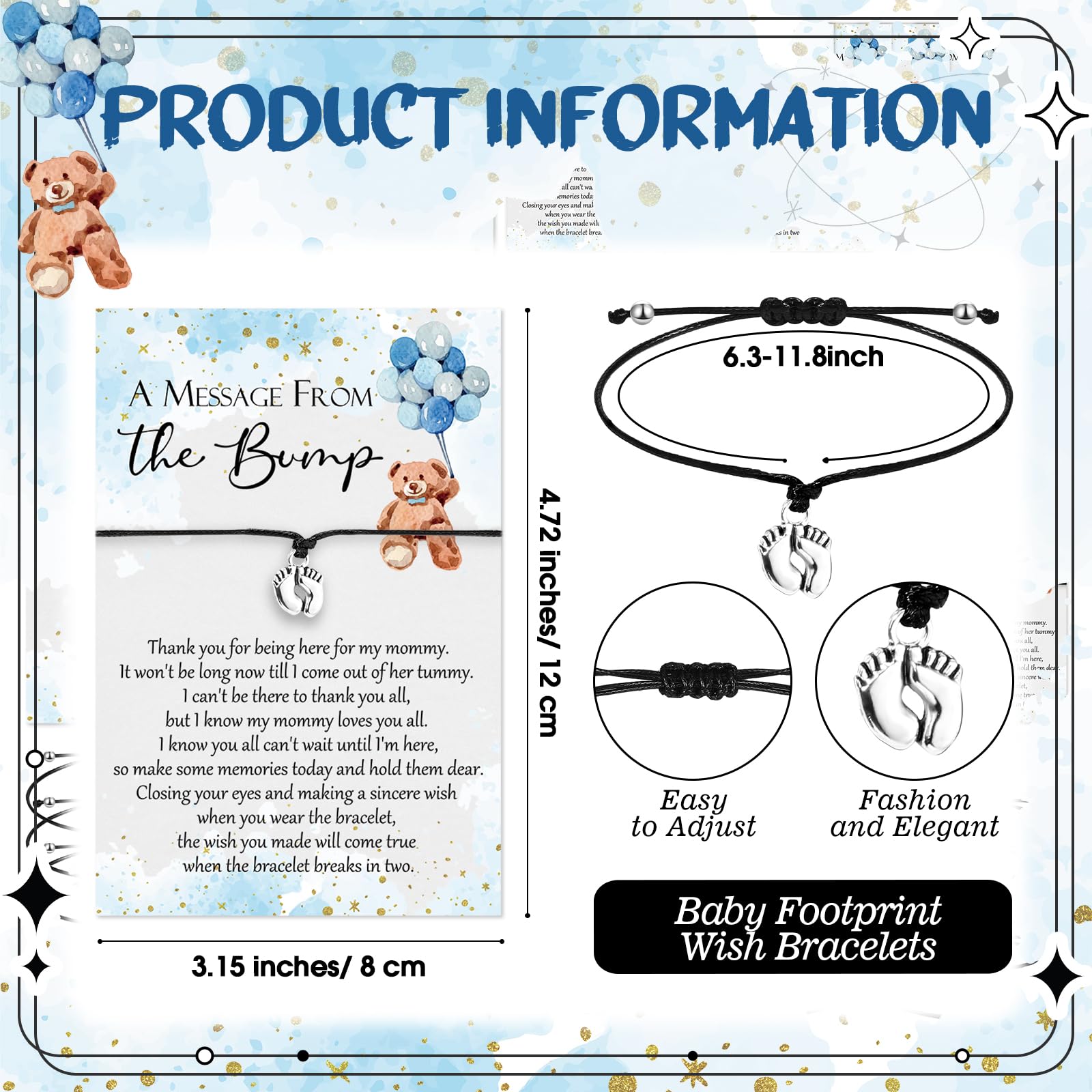 Thyle 50 Set Blue Bear Baby Shower Favors for Guests Adjustable Bracelets with Message from the Bump Card Footprints Charm Baby Shower Bracelets for Gender Reveal Thank You Gifts