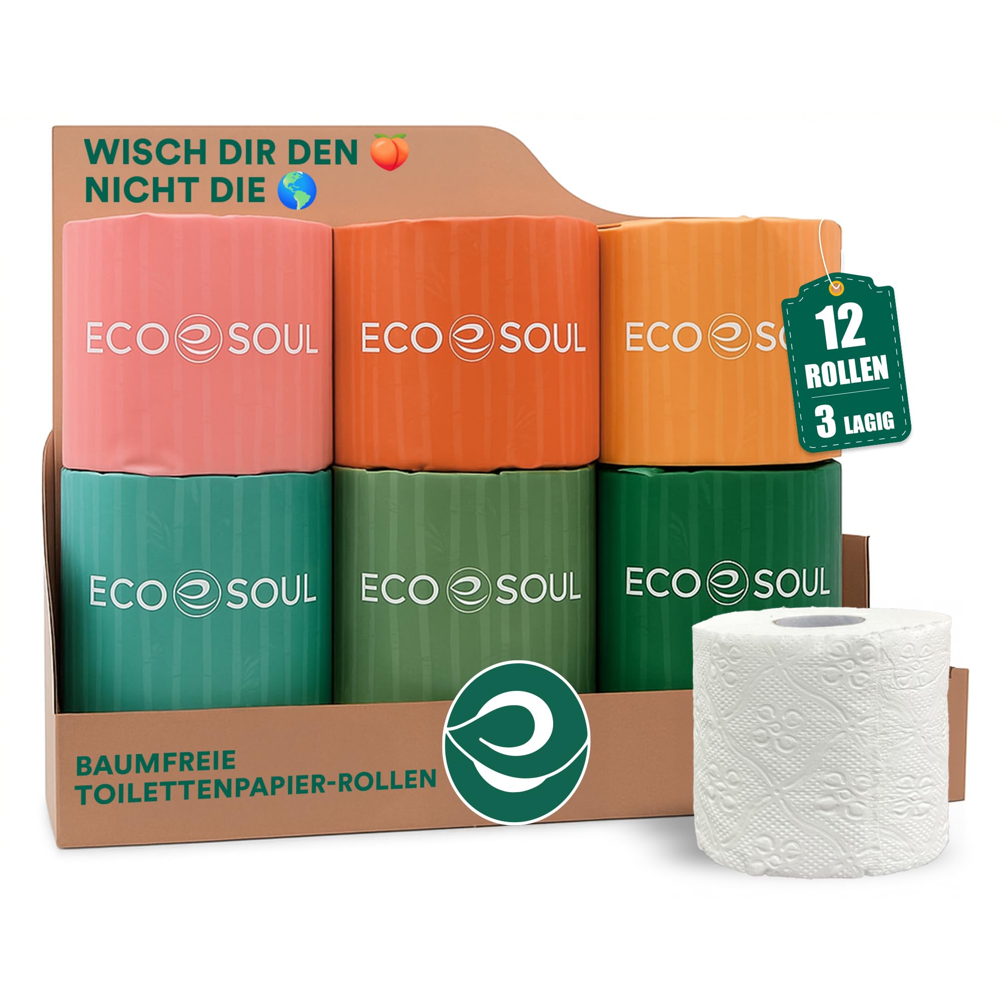 Eco Soul Bambus-Toilettenpapier, 3-lagig, 300 Blatt pro Rolle, kompostierbar, FSC-zertifiziert, weich und stark, nachhaltig, umweltfreundlich, septisch, sicher, Bio-Badetücher, 12 Stück