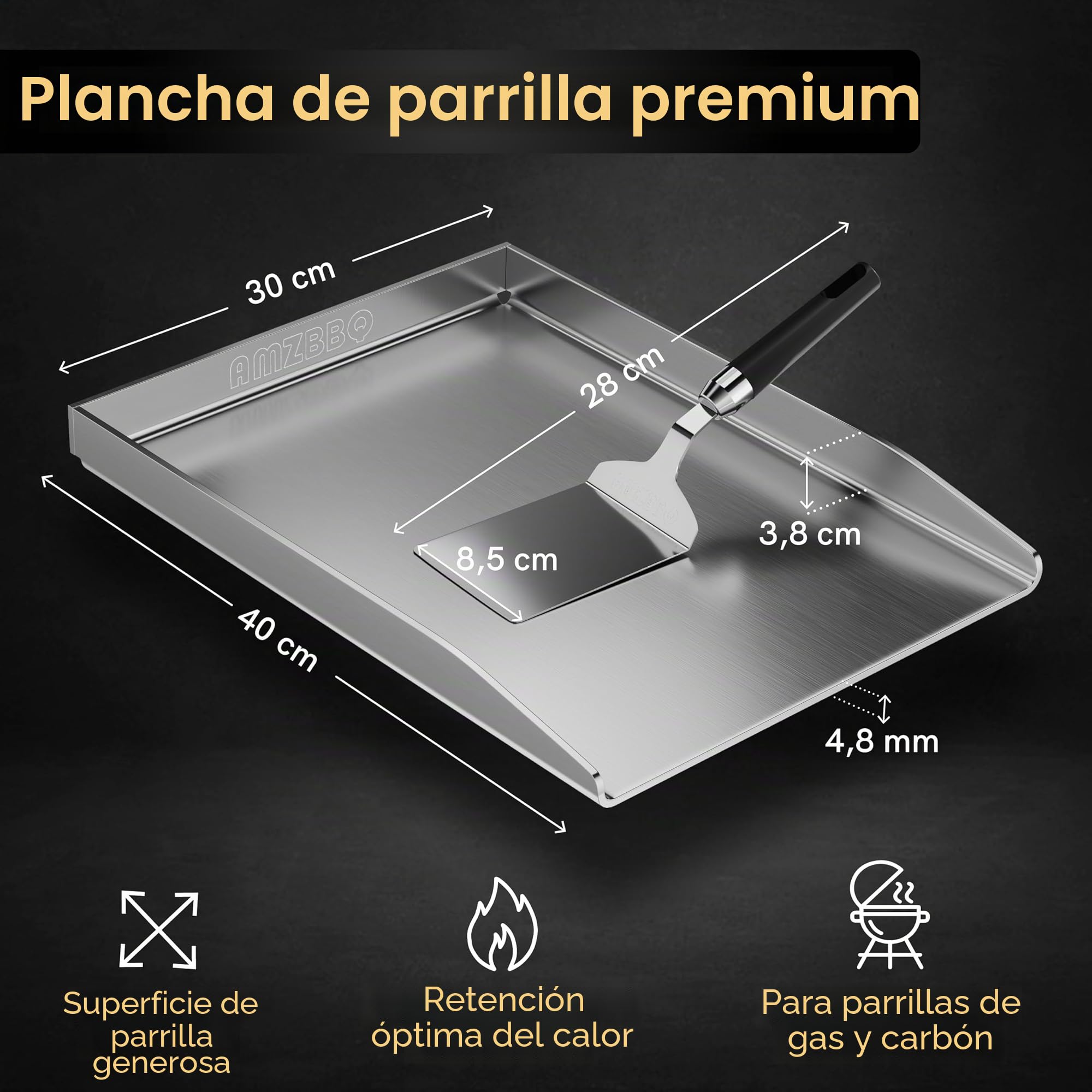 Set Premium de Plancha AMZBBQ® - 40 x 30 cm - aproximadamente 5 mm de acero inoxidable macizo - 20% más fuerte que las planchas convencionales - Parrilla para barbacoa de gas y carbón - Accesorio para