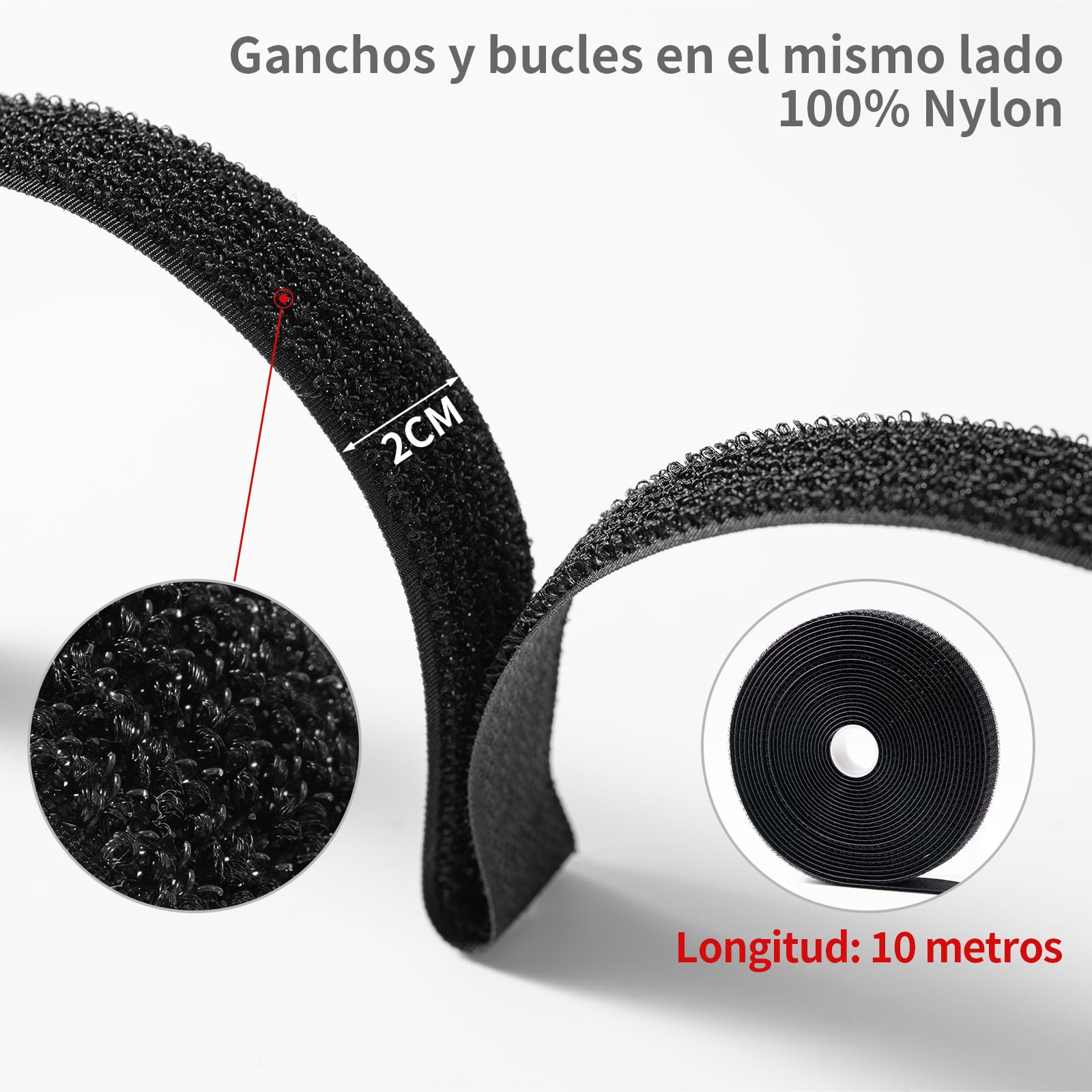Trilancer Cinta Sujeta Cables Reutilizables 10m x 2cm con 50 Hebillas, Bridas Negras Ajustables para Gestión y Organizador de Cables, Cortable a Medida, Negro