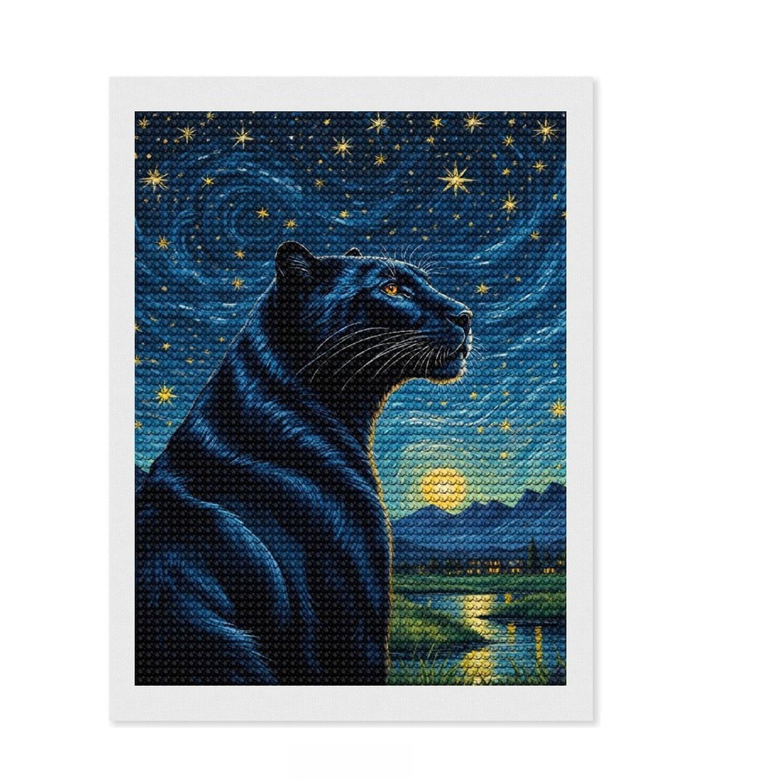 Junmoney Animal Panther Starry Night DIY Diamond Art Canvas Kit 12"x16", Easy to Enjoy, Adhesive Canvas, Aesthetic Room Decor, Thoughtful Handmade Gift