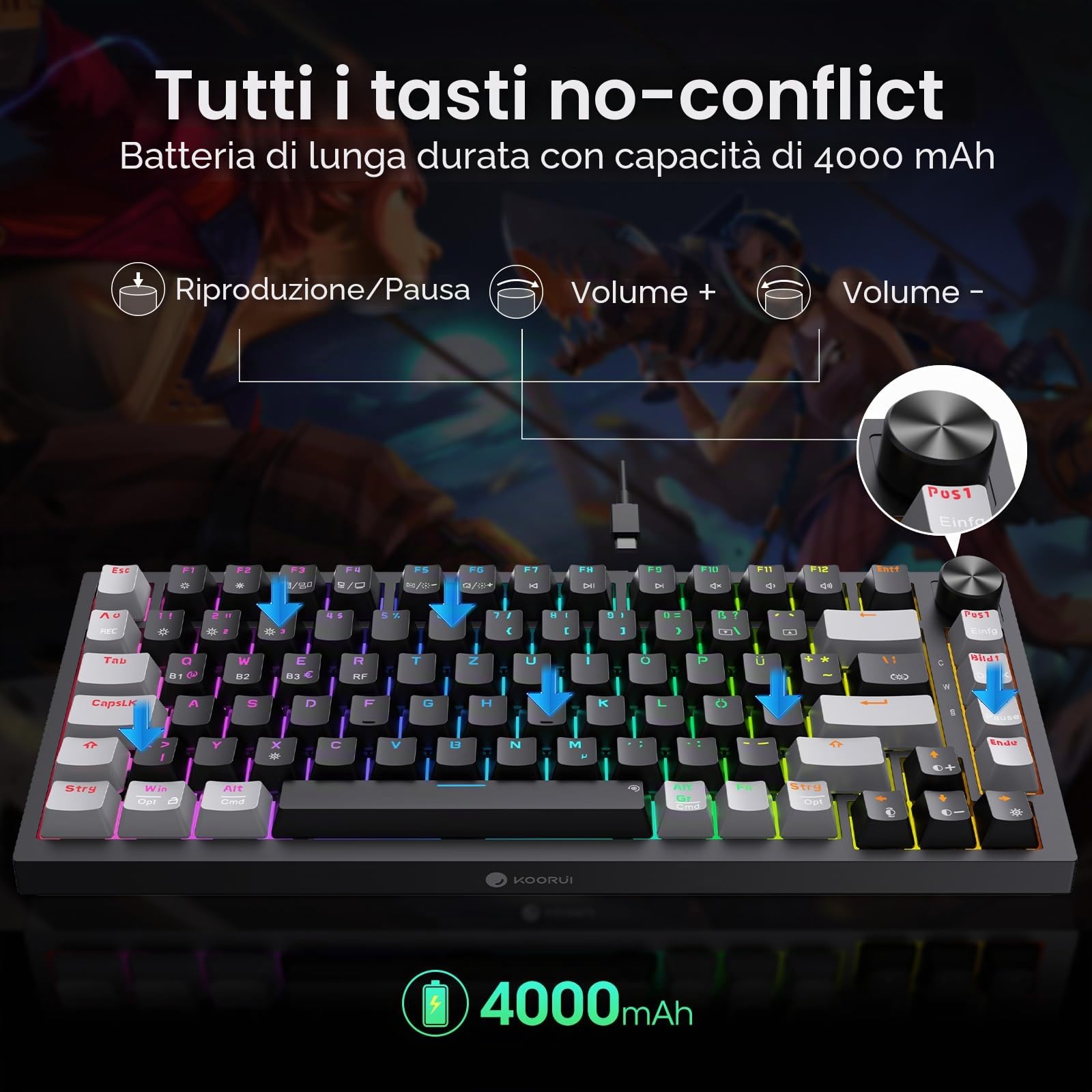 KOORUI Tastiera meccanica, tastiera da gioco senza fili/cablati/Bluetooth 26 RGB ricaricabile 4000 mAh batteria 82 tasti layout tedesco QWERTZ per Windows MacOS Linux interruttore rosso