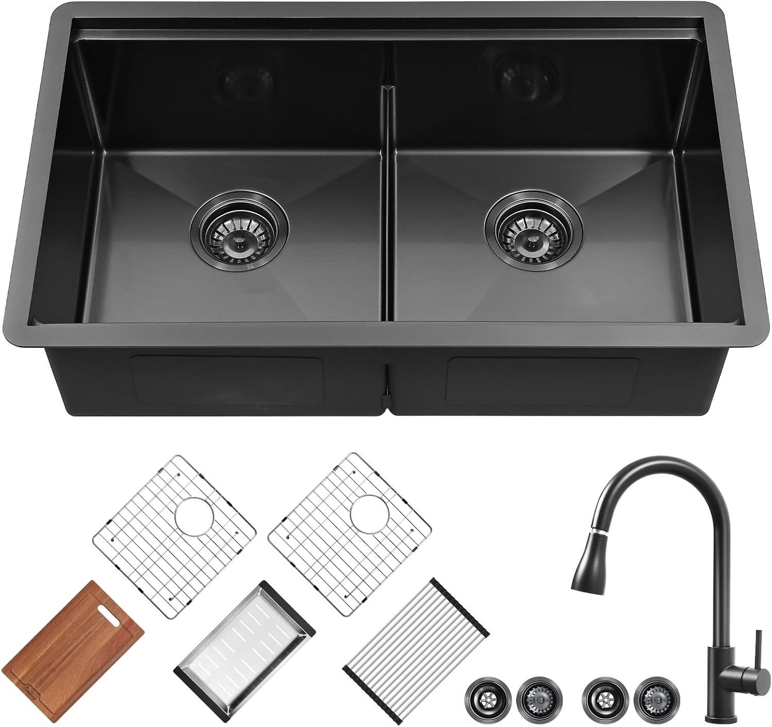 Davivy 30 inch 50/50 Black Undermount Double Bowl Kitchen Sink With Faucet, 16 Gauge Gunmetal Black Stainless Steel Kitchen Sink Workstation, Low Divide Design, 30x18x9 Inch