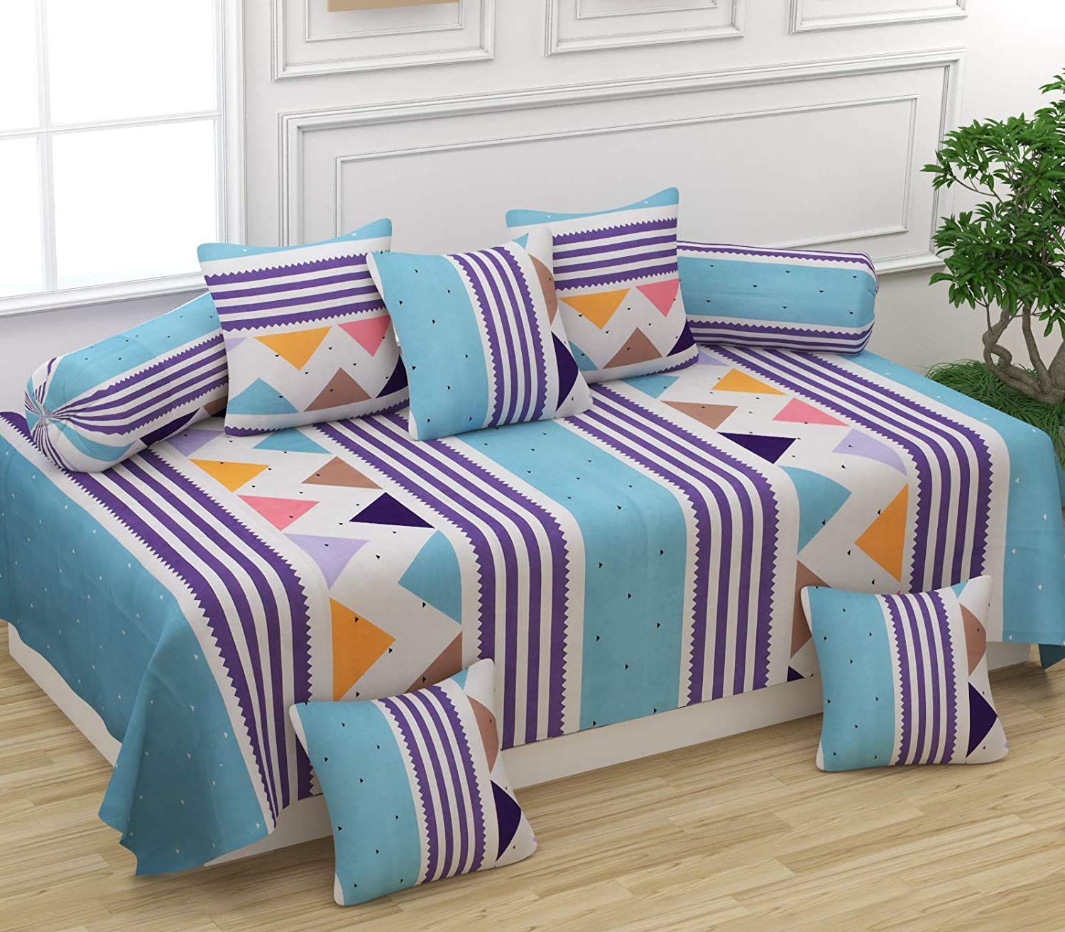 Castiqa Microfibre Elegant Patterns Cotton Diwan Set Covers 8 Pcs Set of 1 Bedsheet 2 Bolsters and 5 Cushion Covers (Blue with Pipings)-image-39