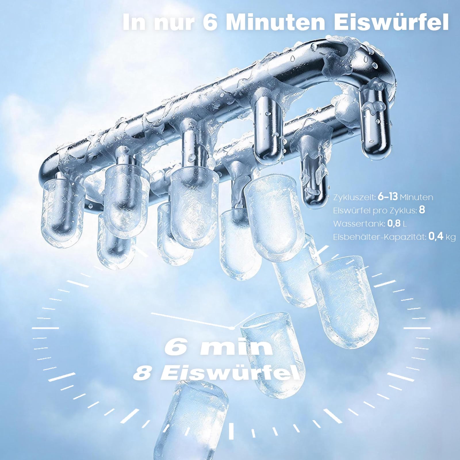 Máquina de cubitos de hielo – 8 cubitos de hielo en 6 minutos (12 kg/24 h), autolimpieza y silenciosa, 2 tamaños de cubitos de hielo, máquina de hielo portátil para cocina, fiesta, camping y