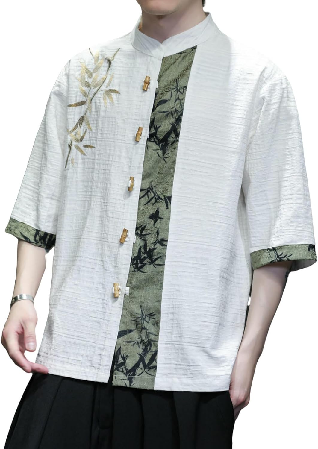 Men's Chinese Style Costume Embroidery Jacquard Cotton Linen Three Quarter Sleeve Shirt Stand Collar Loose Fit