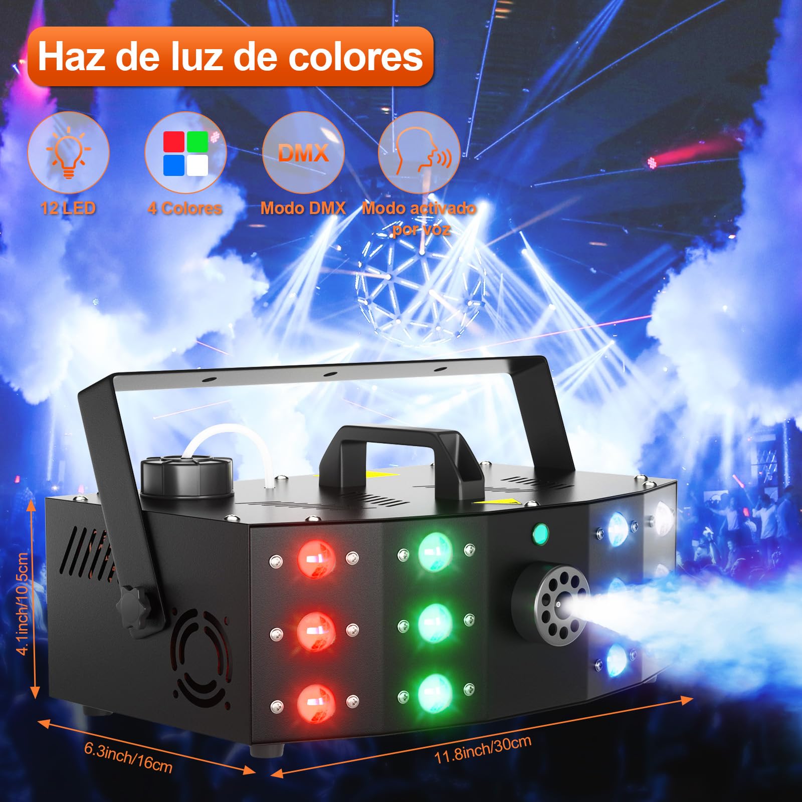 Hakuta Máquina de Humo con 12 Luces LED DMX, Control Remoto Inalámbrico para Interior y Exterior - Efectos para Fiestas, Bodas, Halloween y Escenarios
