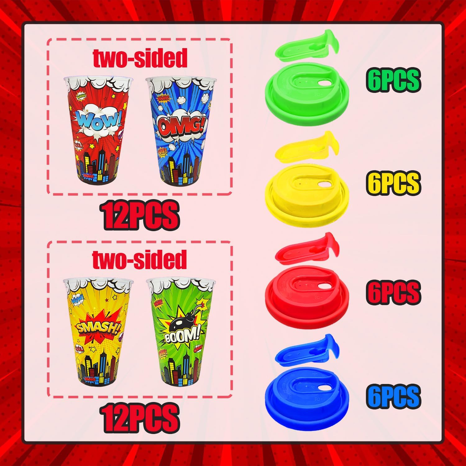 24 Pack Hero Themed Party Cups with Lids - 16oz Reusable Plastic Tumblers for Kids Birthday, Red Blue Yellow Green Drinking Cups for Comic Hero Party Decorartions Favors Supplies