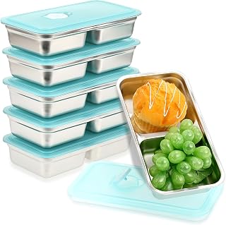 6 Pcs 304 Stainless Steel Bento Boxes, 30 oz 2 Compartments Food Storage Containers Snack Boxes with Leakproof Lids, Divided Meal Prep Lunch Box Food Container Dishwasher Safe