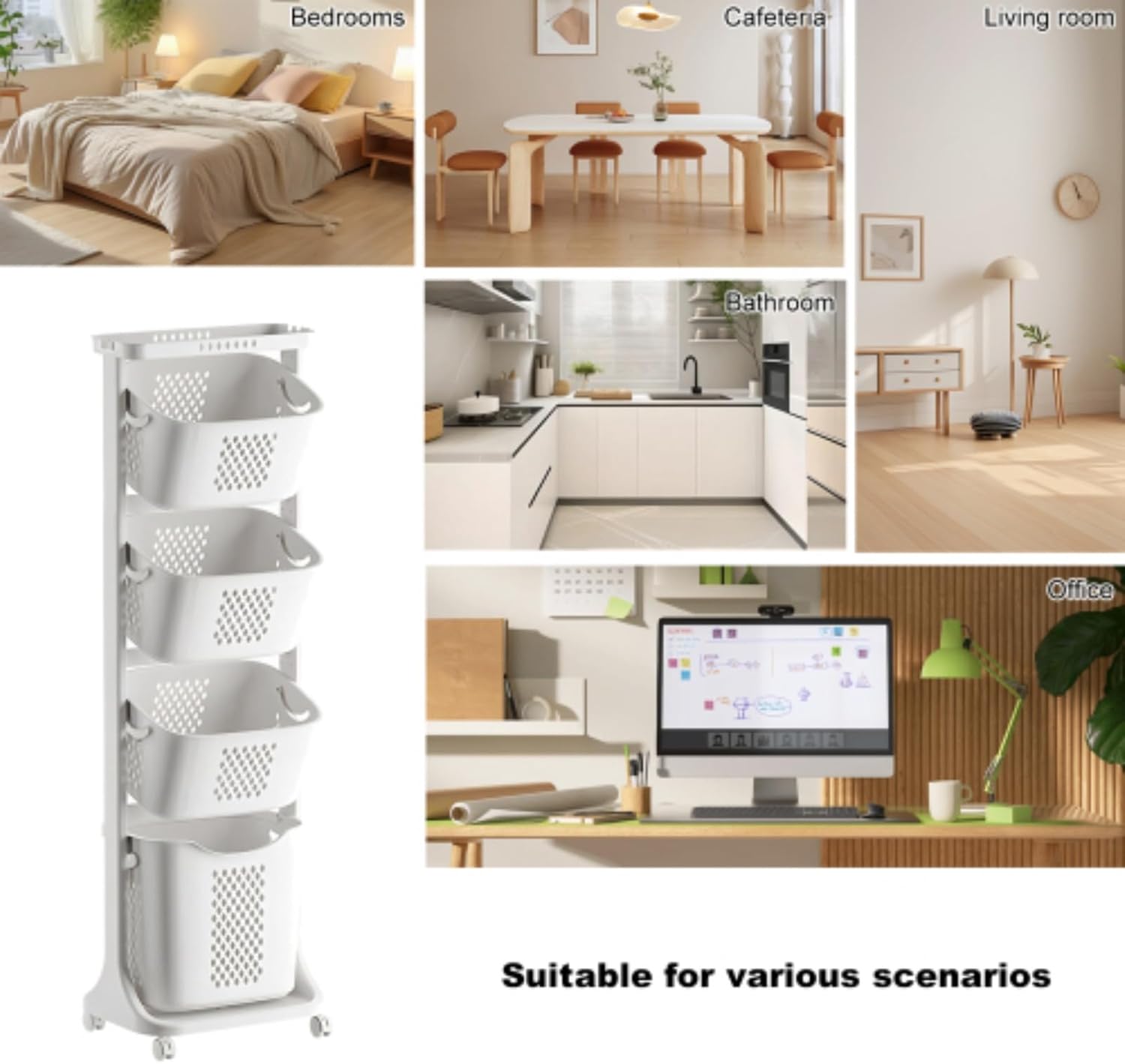 Laundry Storage Organizer with Wheels, Four-Tier Laundry Basket Sorter, Removable Rolling Laundry Basket, Dirty Clothes Bathroom Cart, White