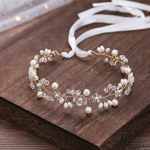 Miniatura 5 de Accesorios para el cabello diadema nupcial de flores de perlas para niñas, niñas y mujeres (dorado)