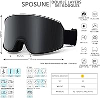 Vista 3 de SPOSUNE Gafas de esquí sobre gafas con doble lente Gafas de nieve antivaho anti-UV para hombres, mujeres, jóvenes, esquí, motos de nieve