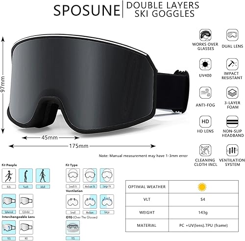 Miniatura 3 de SPOSUNE Gafas de esquí con doble lente  Gafas de nieve antivaho anti-UV para hombres, mujeres, jóvenes, esquí, motos de nieve