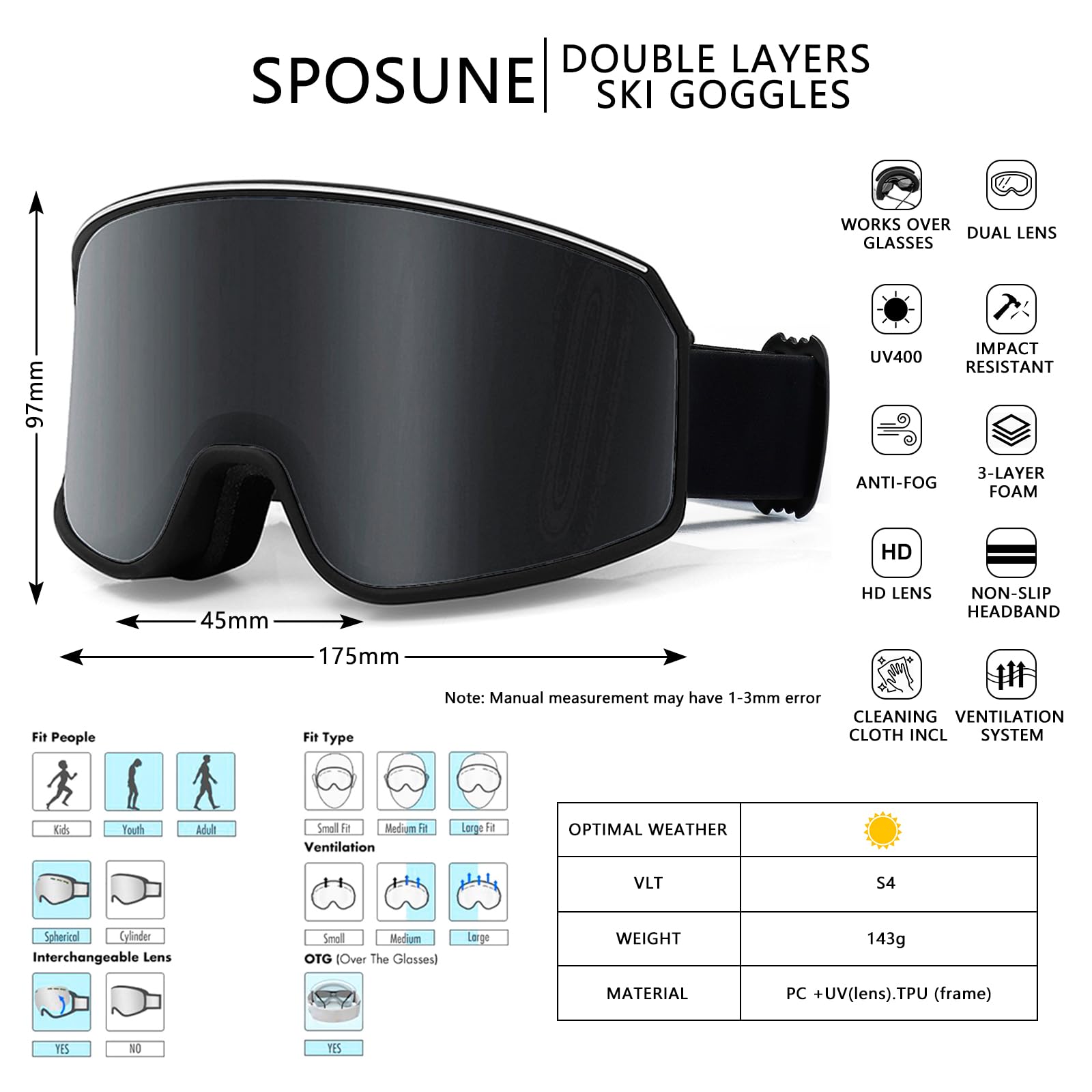SPOSUNE Ski Goggles Over Glasses with Dual lens, Black&Grey Lens, 6.69 x 3.54 inch - Image 3