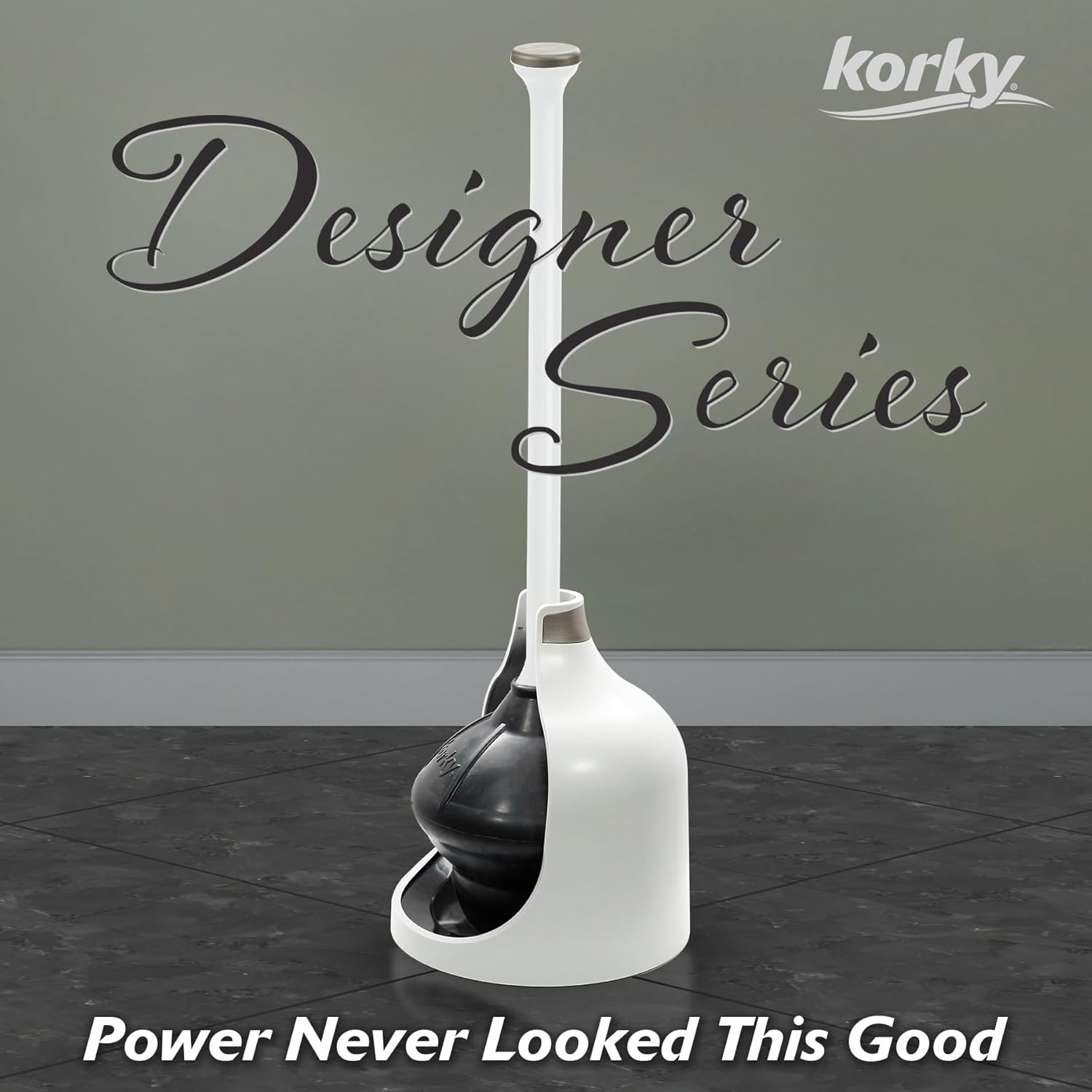Korky Designer Series Toilet Plunger and Holder in White