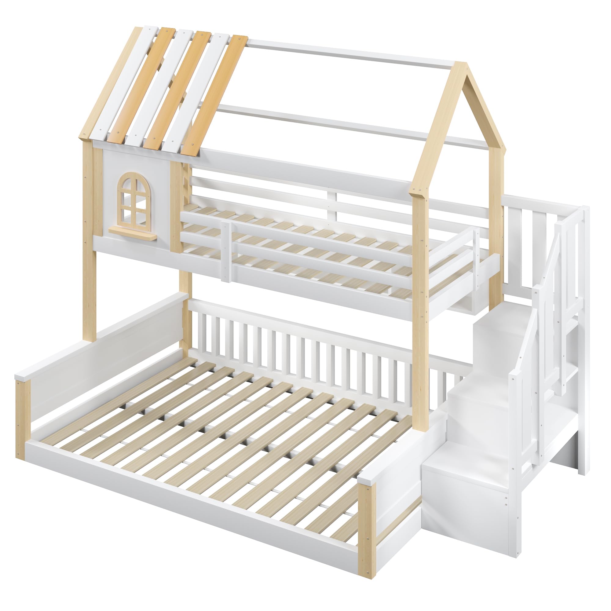 Litera de 90(140) x200 cm con LED y Diseño de Casa, Cama Infantil con Compartimentos Abiertos y Escalera Almacenaje, Cama Litera Matrimonio con Protección Anticaída, Sin Colchón, Blanco+Natural