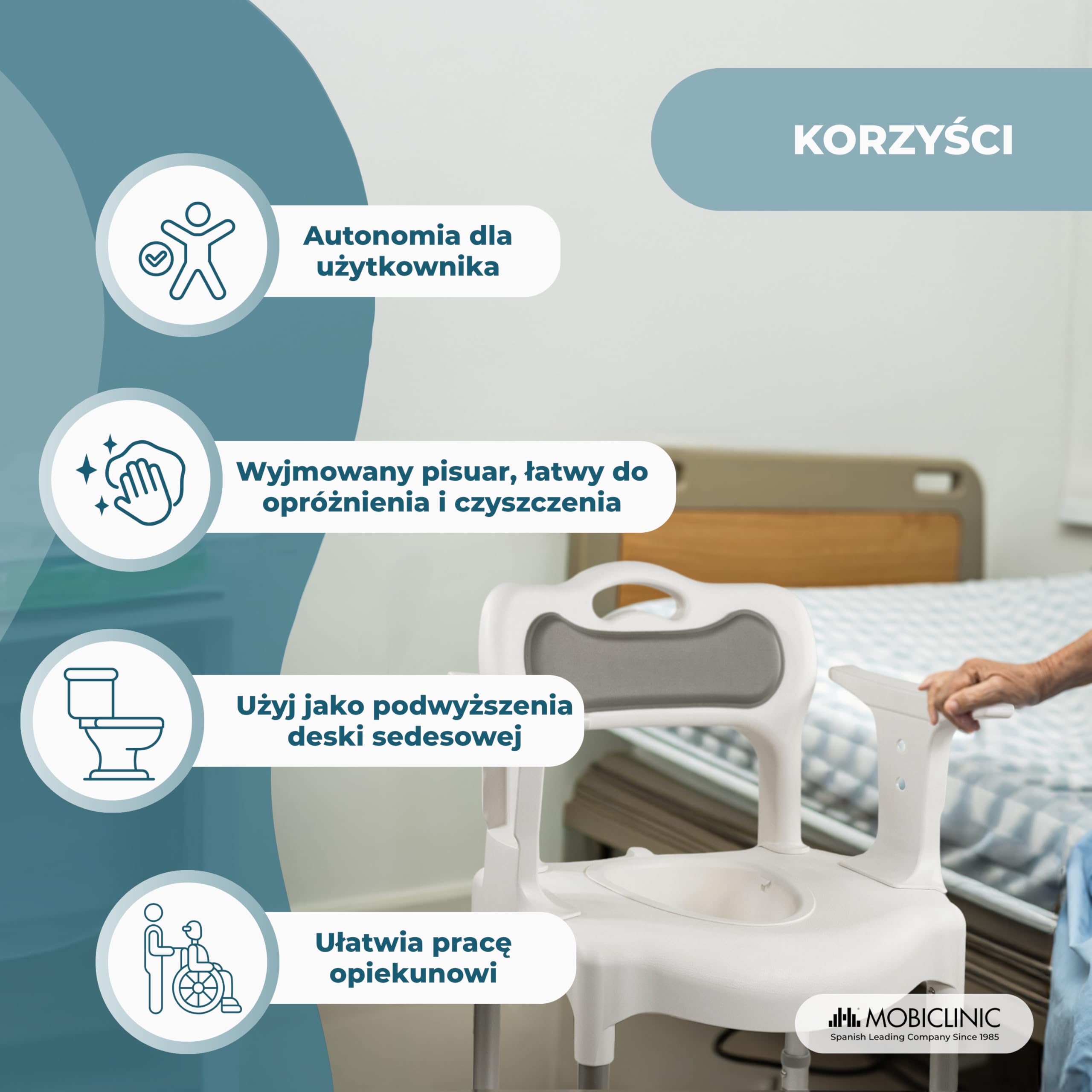 Mobiclinic®, Krzesło Toaletowe, do Kąpieli i pod Prysznic, 3 w 1, 6-stopniowa Regulacja Wysokości, Wyjmowany Pisuar 3,5L, Poduszki na Siedzisko i Oparcie, Antypoślizgowe Nakładki, Guido