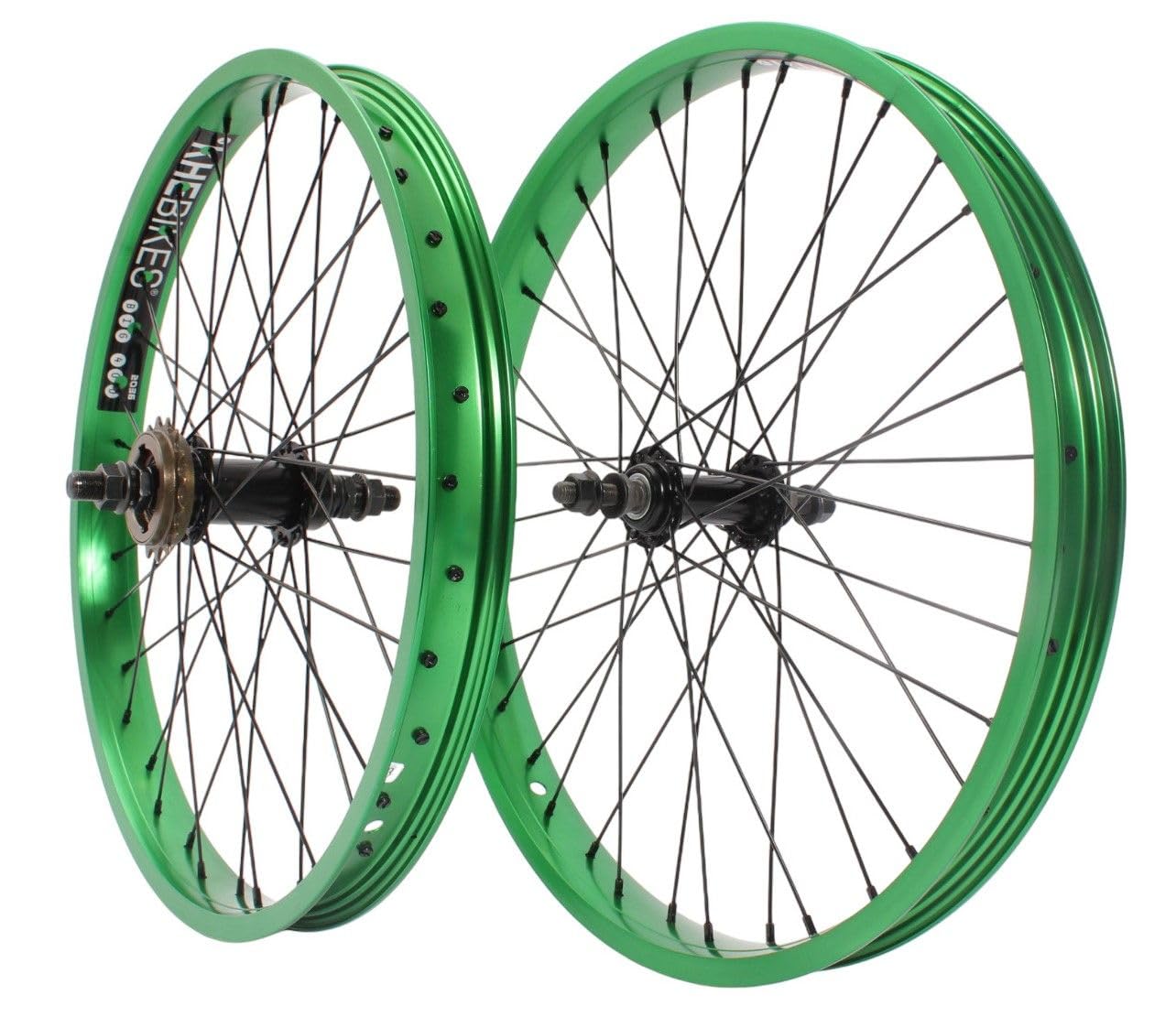 KHE Prism BMX zestaw kółek biegowych, 20 cali, zielone anodowane, szerokość obręczy 38 mm, 16 zębów, wolne koło zębate