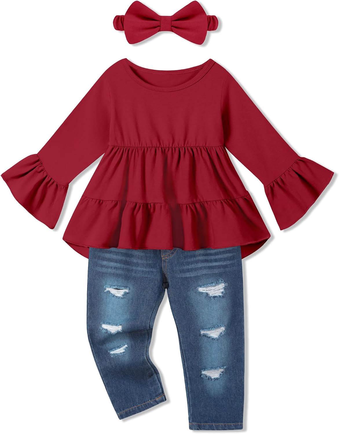 Toddler Girl Clothes Long Sleeve Ruffle Dress Top and Jeans Pants Toddler Girl Fall Outfits