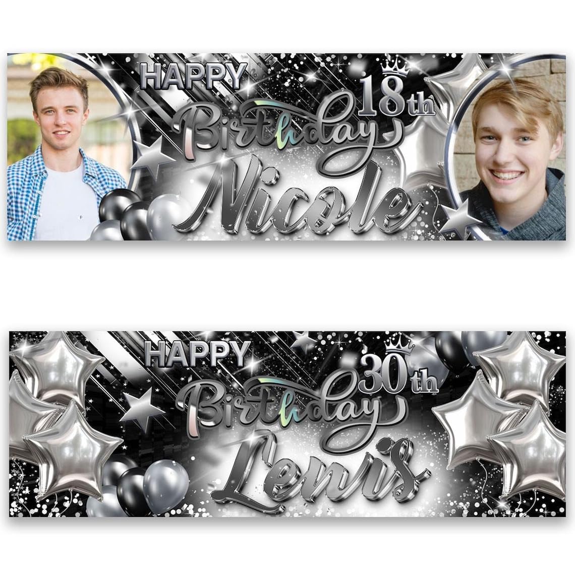 2 Personalised birthday banner 1ftx3ft silver black balloon star party decoration poster man woman children celebration-18th 20th 30th 40th 50th 60th 70th