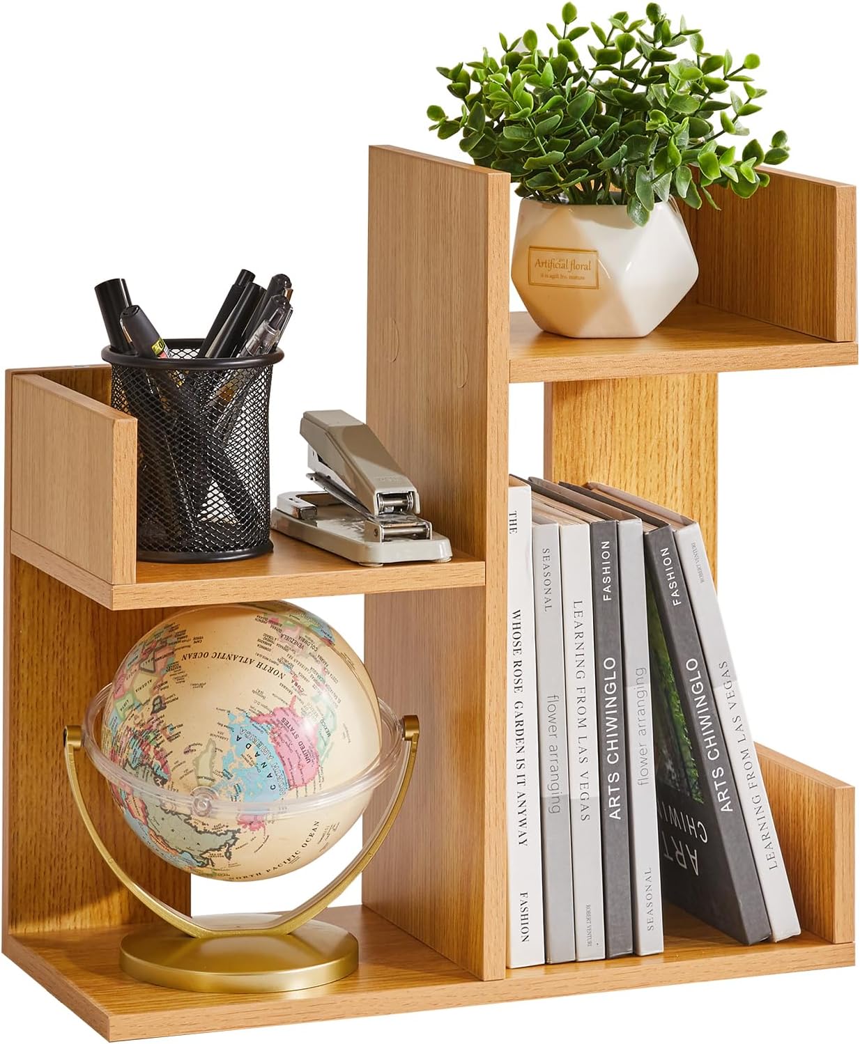 Photo 1 of  Short Bookshelf Small Desk Organizer, Cactus Bookshelf Unique Bookcase, Book Display Shelf Small Plant Stand for Tabletop, Natural Wood Color YD-DSR002N 