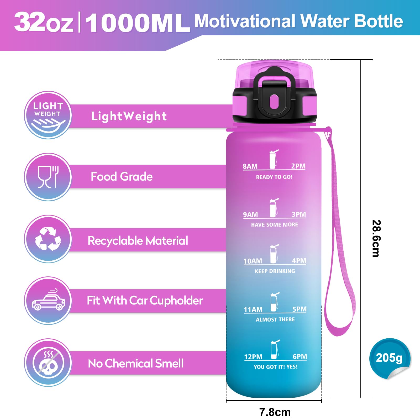 Borraccia 1L, Bottiglia con Indicatore del Tempo Motivazionale, Bottiglia con Cannuccia, Riutilizzabile, senza BPA, A Prova di Perdite, per Fitness, Scuola, Ufficio, Ciclismo, Alpinismo, Yoga