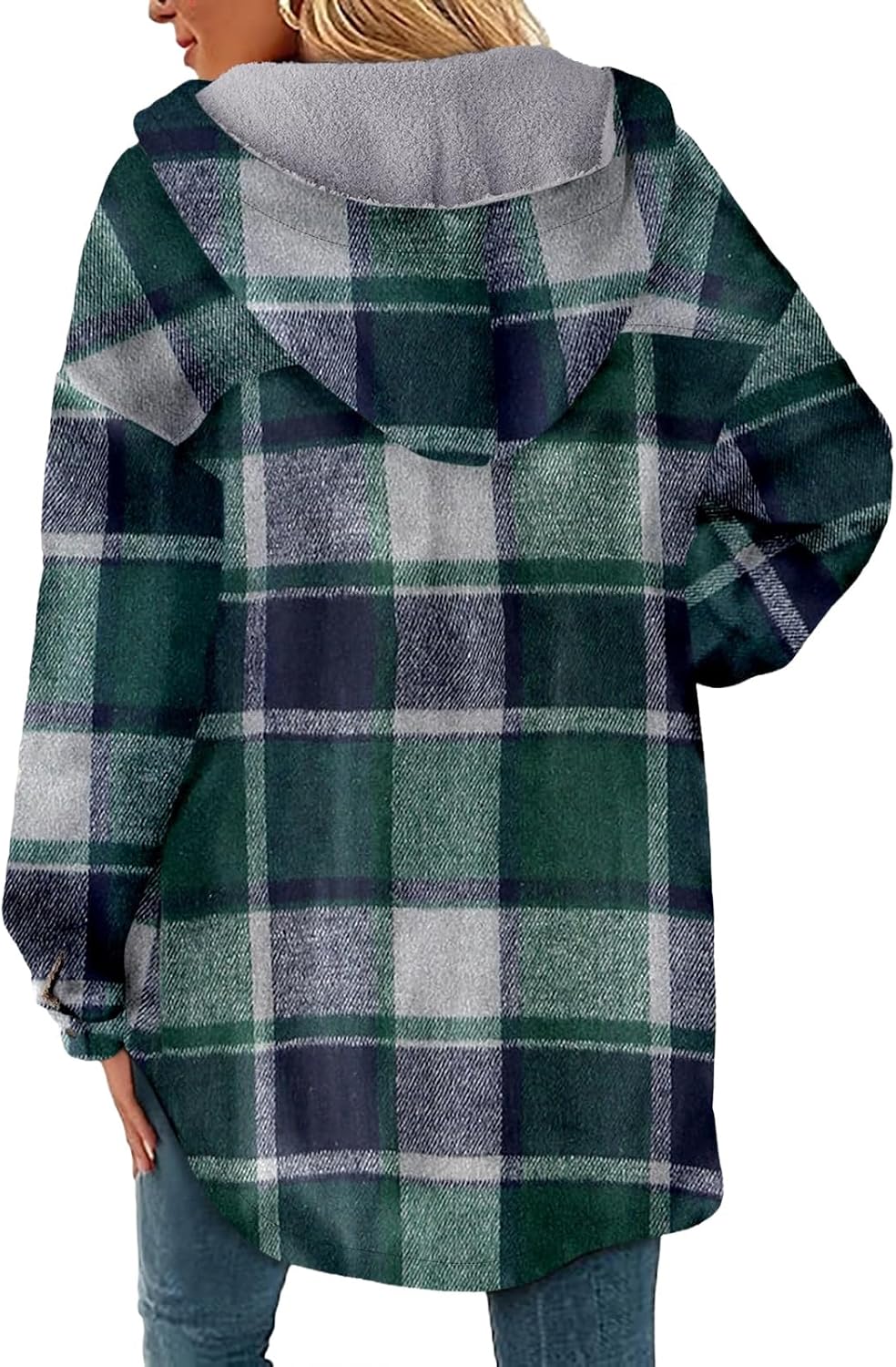 Women Flannel Shacket Jacket Plaid Hooded Winter Coats Long Sleeve Button Down Shirts Fuzzy Fleece Jacket Outerwear