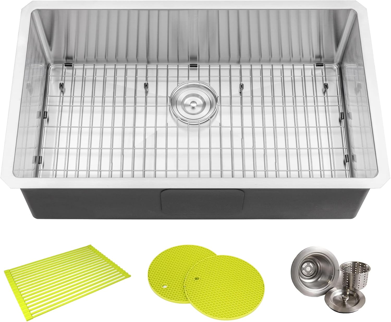 CozyBlock 32 in. x 19 in. x 10 in. 16-Gauge Stainless Steel Undermount Single Bowl Kitchen Sink with Bottom Grid, Silicon Dishrack, Pot Mat and Strainer