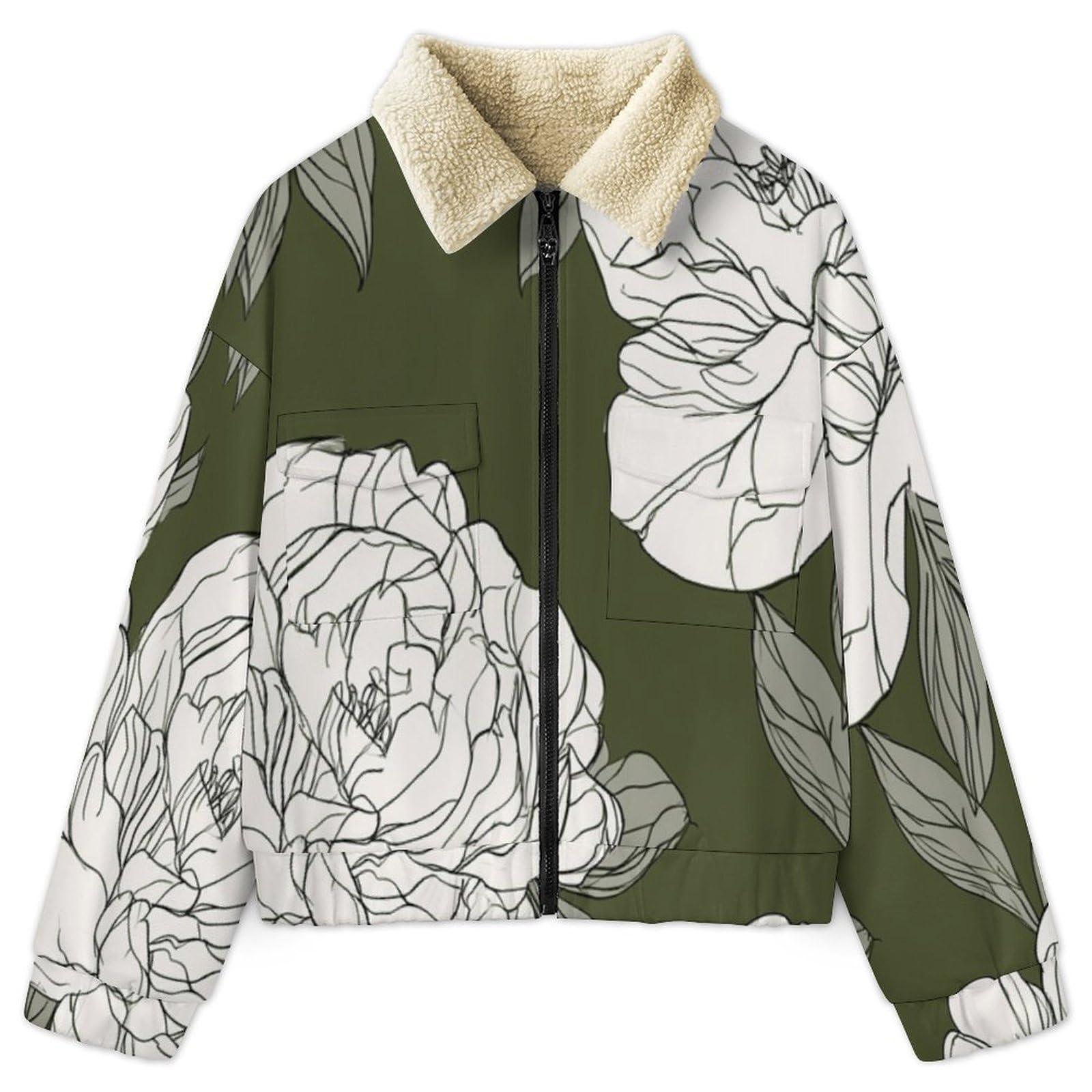 Giacca in Pile da Donna Teddy Fodera Peluche Sherpa con Cerniera, Stampa Rose Peonie, Giacca Linee d'arte Caldo Fleece Maniche Lunghe, Giacche Inverno con Tascabile