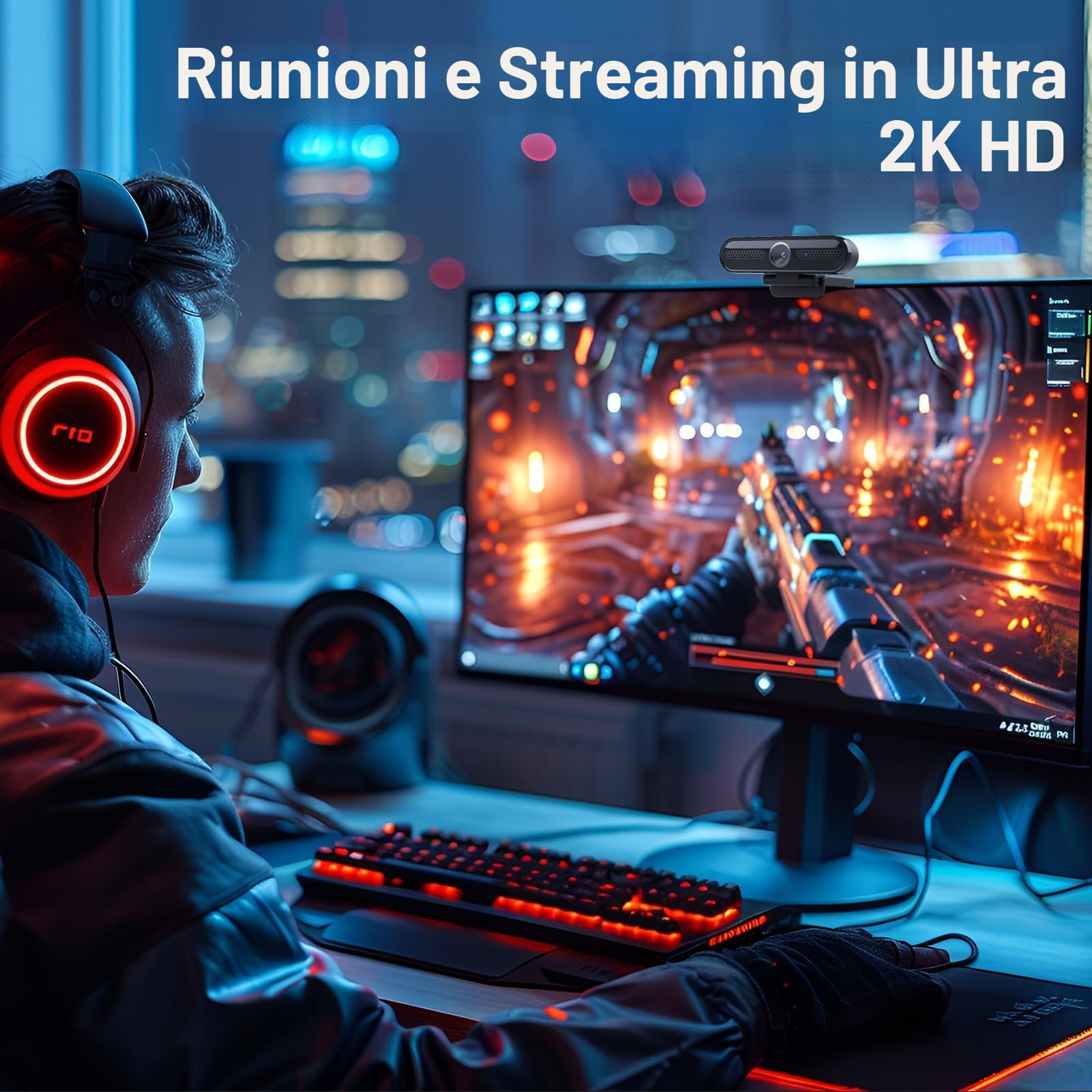 W4DS 2K Webcam, HD Webcam PC con Microfono, Autofocus, 78° View, Plug&Play, Microfono Riduzione Rumore, Protezione della privacy, USB Webcam per Videochiamate, Conferenza, Studio e Streaming