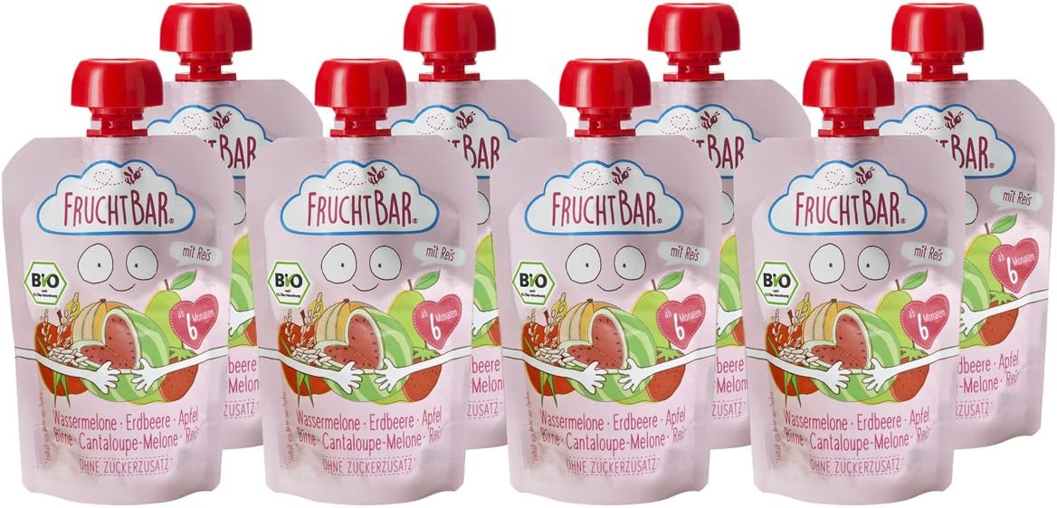 Fruit Bar Fruit Puree Bio Ampoule De Pasteque Fraise De Pomme Riz Aliments Pour Bebe Sans Sucre Ajoute Cantaloup Dans Le Quetschb Eutel 8 X 100 G Amazon Fr Epicerie
