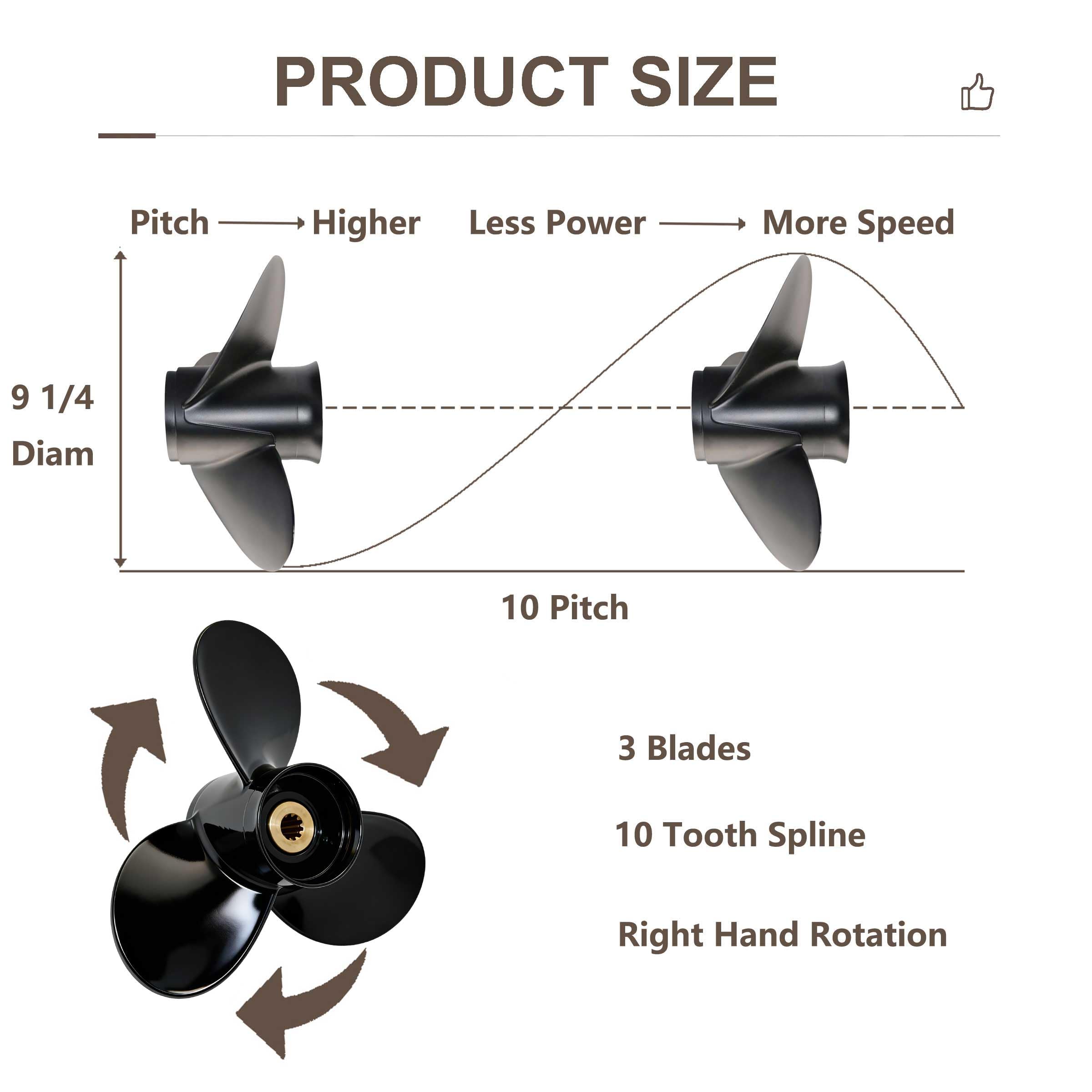 PETUSI Boat Outboard Propeller 9 1/4x10 9 1/4x7 9 1/4x8 9 1/4x9 9 1/4x11 9 1/4x12 for Suzuki DF8A/9.9/9.9A/15/15A/20A DT9.9/15/15C HP Engines, 10 Tooth Spline Aluminum Boat Motor Prop, 3 Blade, RH