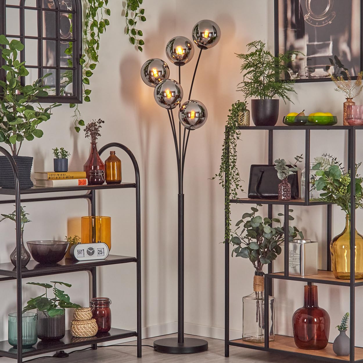 HOFSTEIN Stehleuchte Gastor, Stehlampe aus Metall/Glas in Schwarz/Chrom/Rauch, Leuchte im Vintage-Design mit Glasschirmen Ø 15 cm u. Fußschalter, 169 cm, E14, Wohnzimmer, Schlafzimmer, Esszimmer