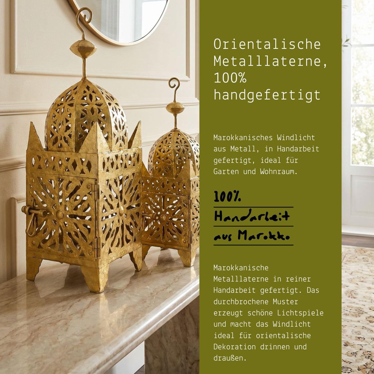 Linterna marroquí Frane Gold, 42 cm, Metal, Marrakech, Hecha a Mano