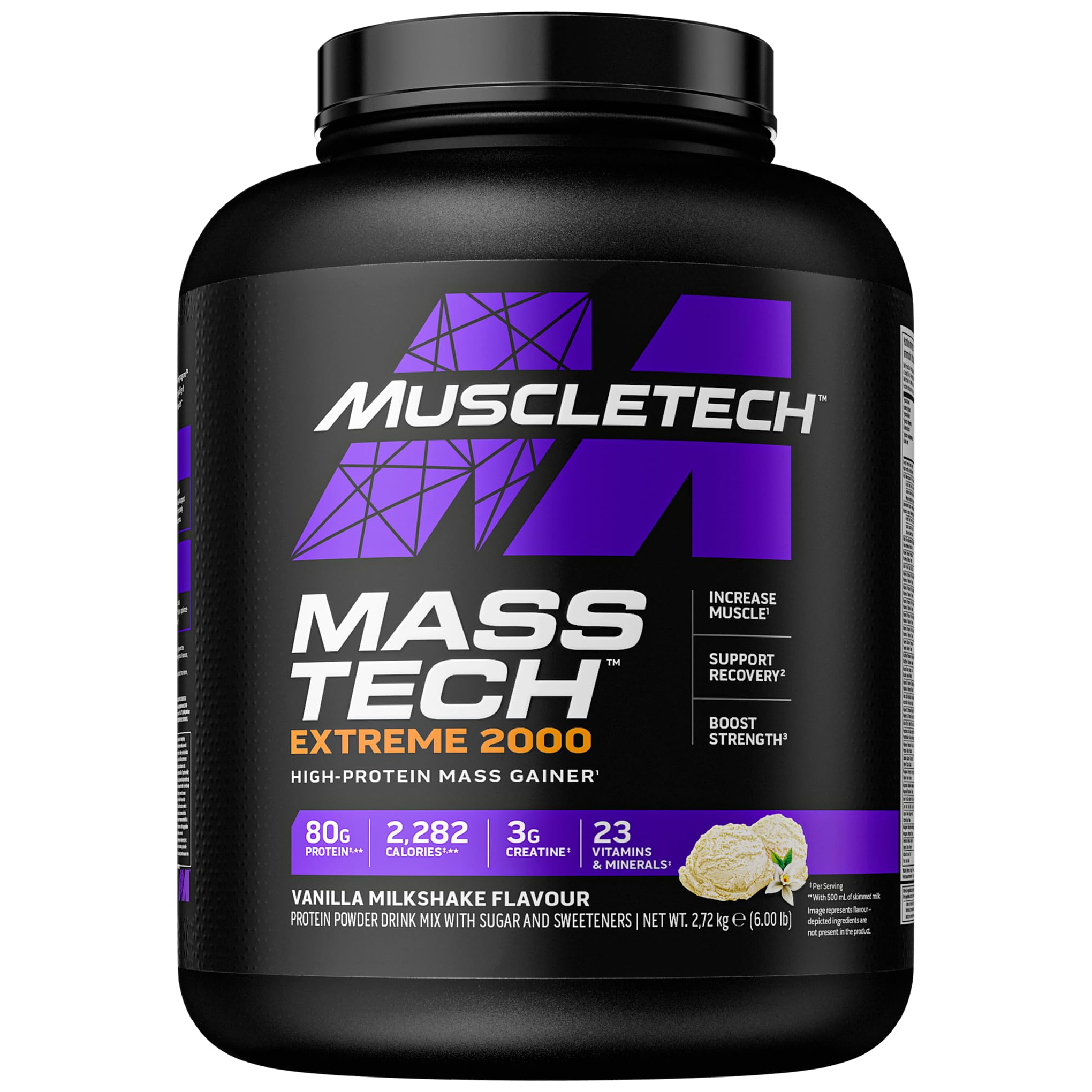 MuscleTech MassTech Extreme Protein Powder Whey Mass Protein Powder with 3g Creatine, 80g Protein, 2.282 Calories, 2.72kg, Vanilla Cake