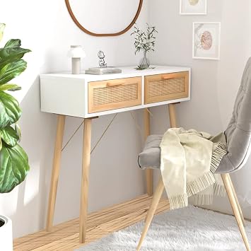 ADWOA Console Table White 80x30x75 cm Solid Wood Pine&Natural Rattan,Console Table for Hallway, Slim Entryway Table with Drawer & Storage Shelves, Sofa Table for Small Spaces, Entryway, Living Room