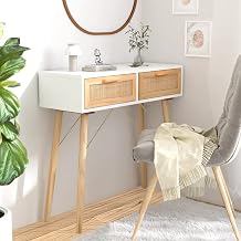 BaraSh Console Table White 80x30x75 cm Solid Wood Pine&Natural Rattan,Console Table for Hallway, Slim Entryway Table with Drawer & Storage Shelves, Sofa Table for Small Spaces, Entryway, Living Room